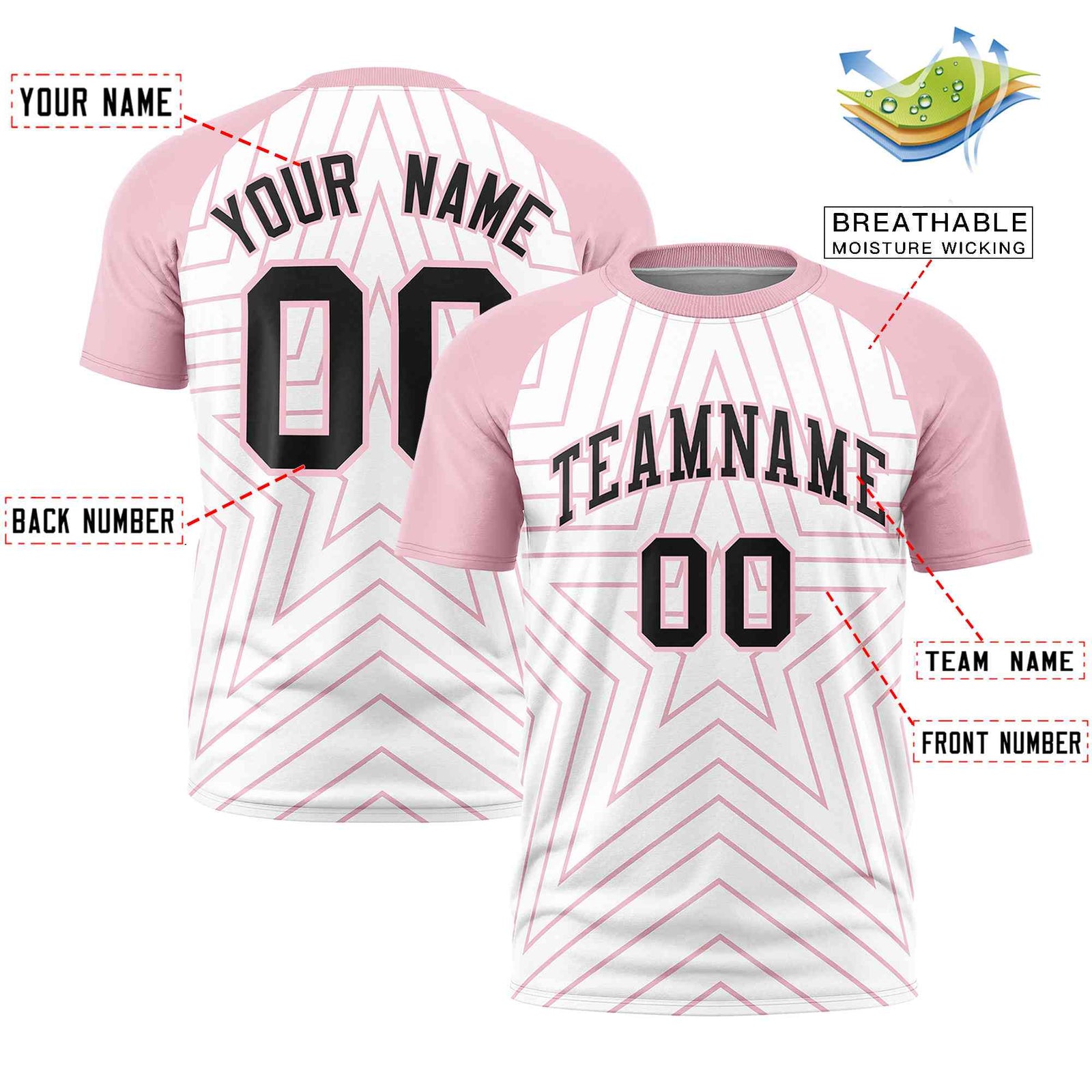 Custom White Light Pink Personalized Star Pattern Raglan Sleeves Performance T-Shirt