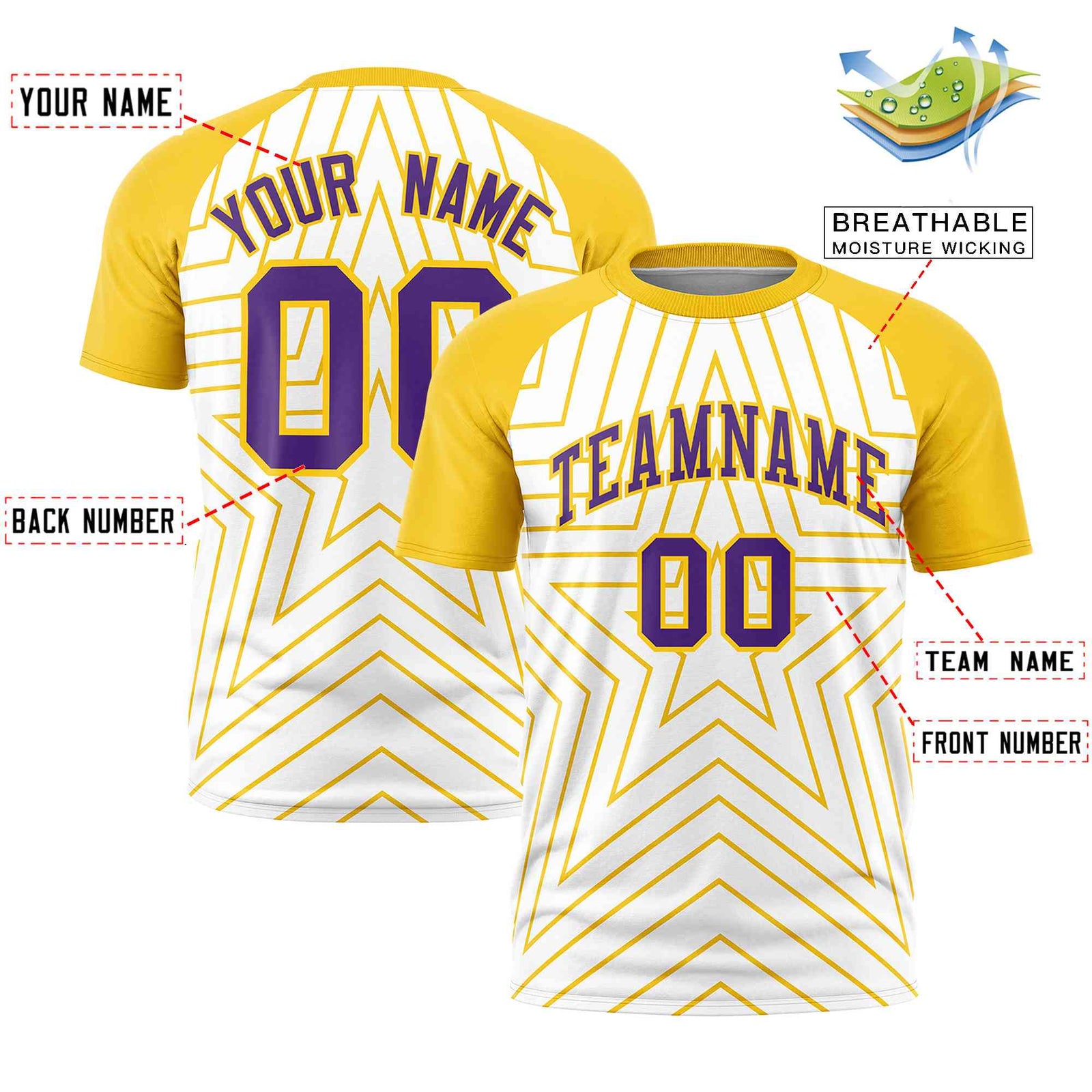 Custom White Gold Personalized Star Pattern Raglan Sleeves Performance T-Shirt