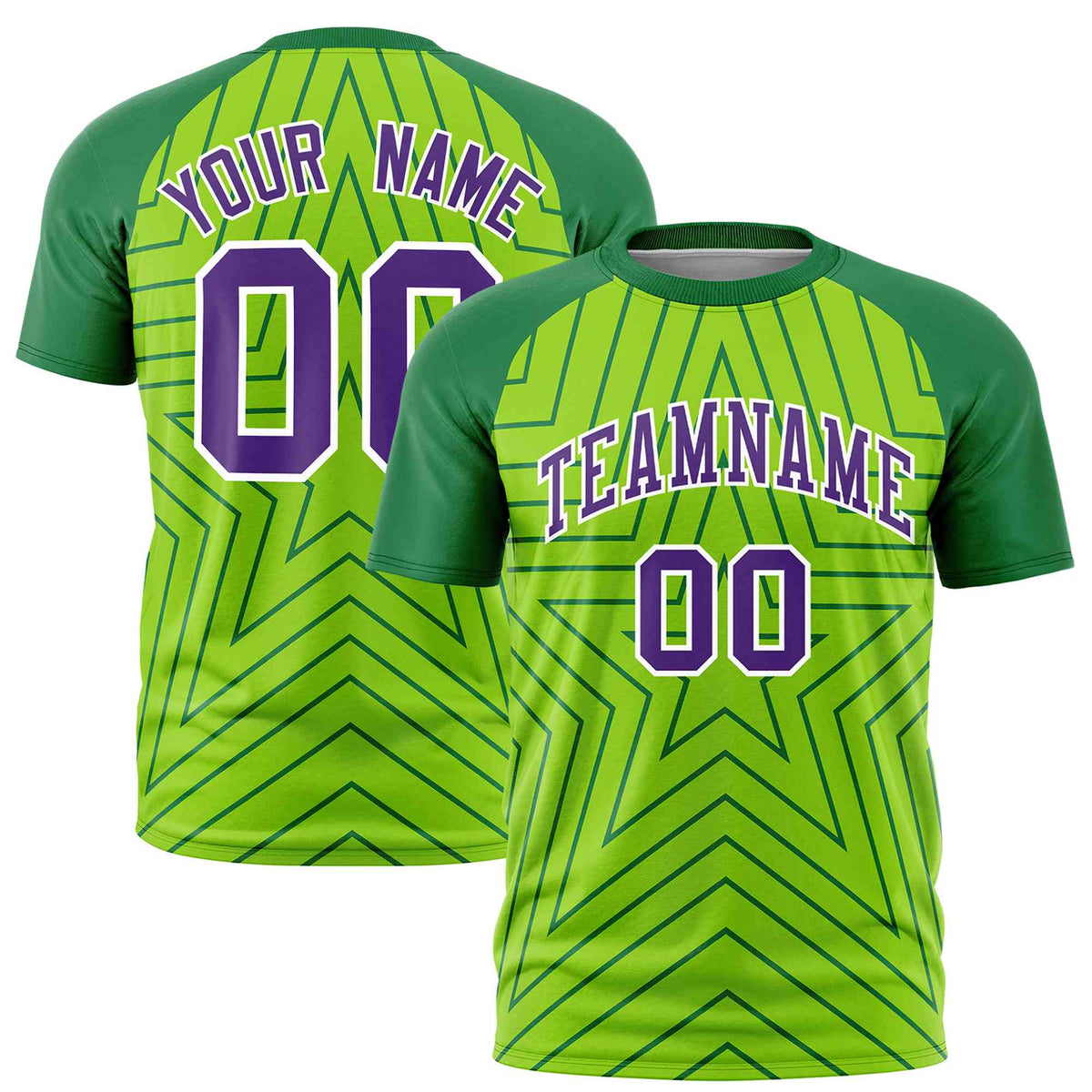 Custom Neon Green Kelly Green Personalized Star Pattern Raglan Sleeves Performance T-Shirt
