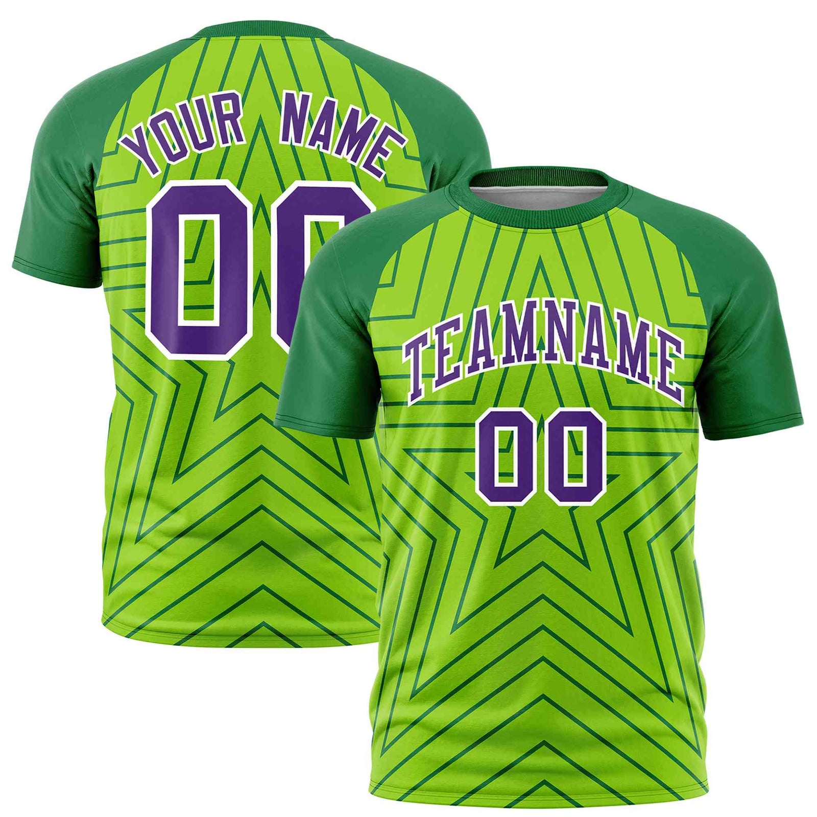 Custom Neon Green Kelly Green Personalized Star Pattern Raglan Sleeves Performance T-Shirt