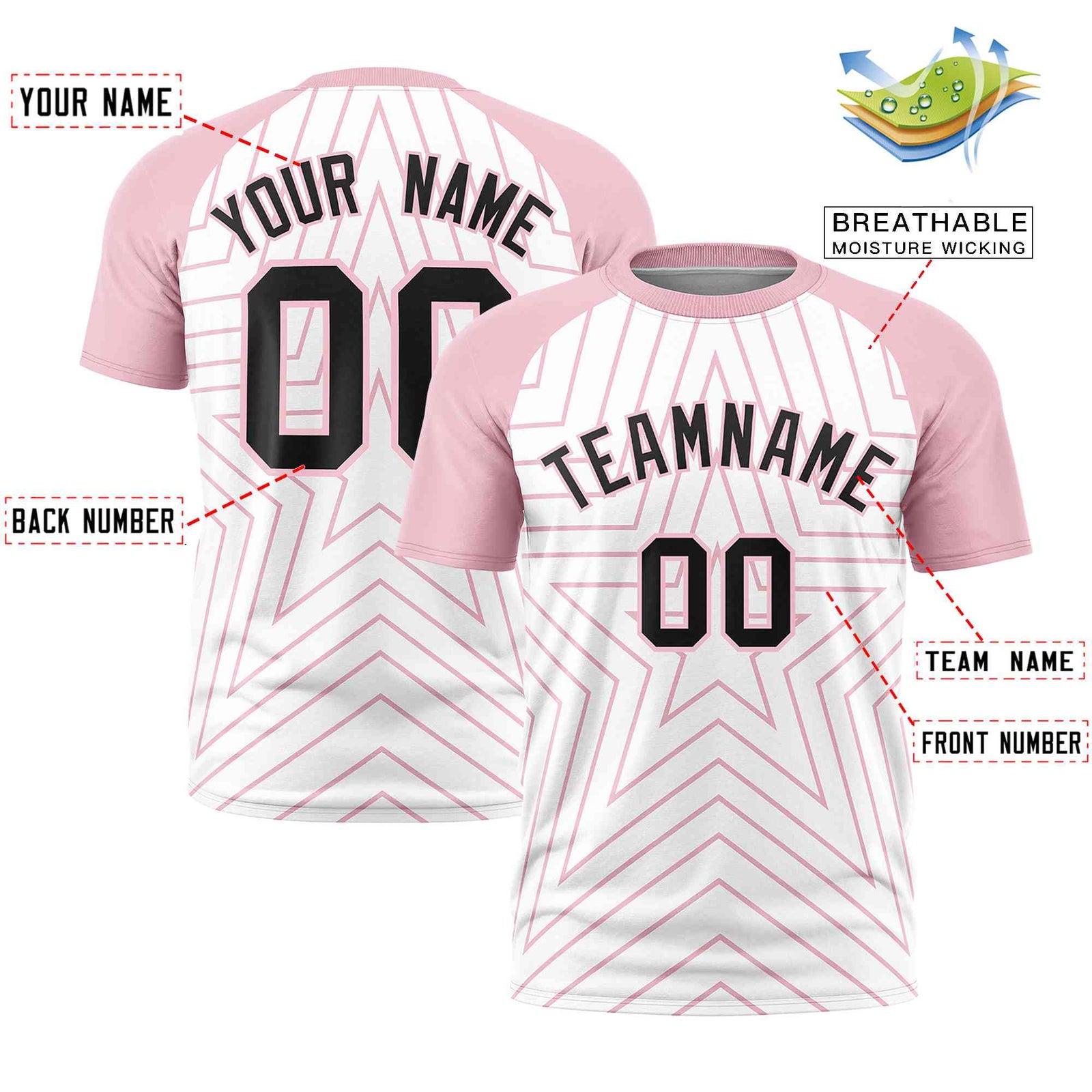 Custom White Light Pink Personalized Star Pattern Raglan Sleeves Performance T-Shirt