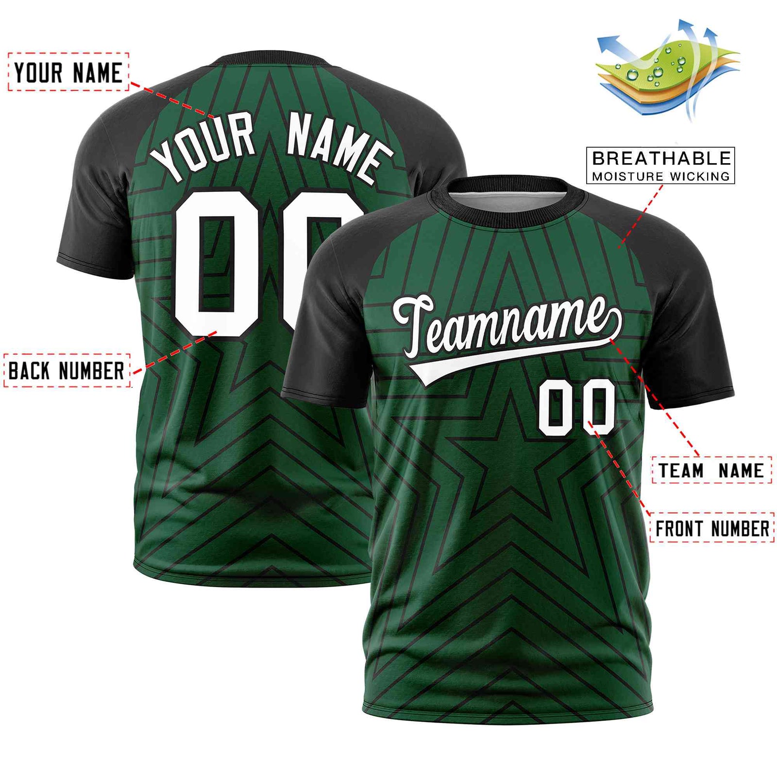 Custom Green Black Personalized Star Pattern Raglan Sleeves Performance T-Shirt