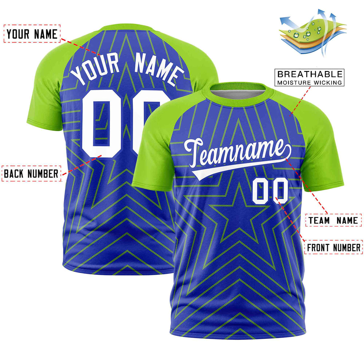 Custom Royal Neon Green Personalized Star Pattern Raglan Sleeves Performance T-Shirt