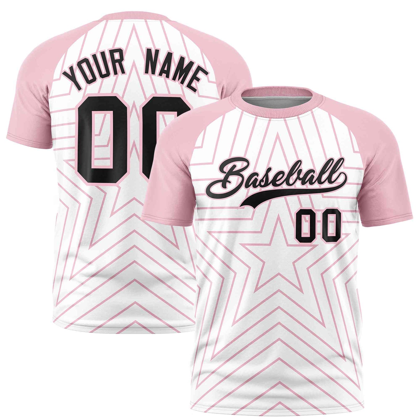Custom White Light Pink Personalized Star Pattern Raglan Sleeves Performance T-Shirt