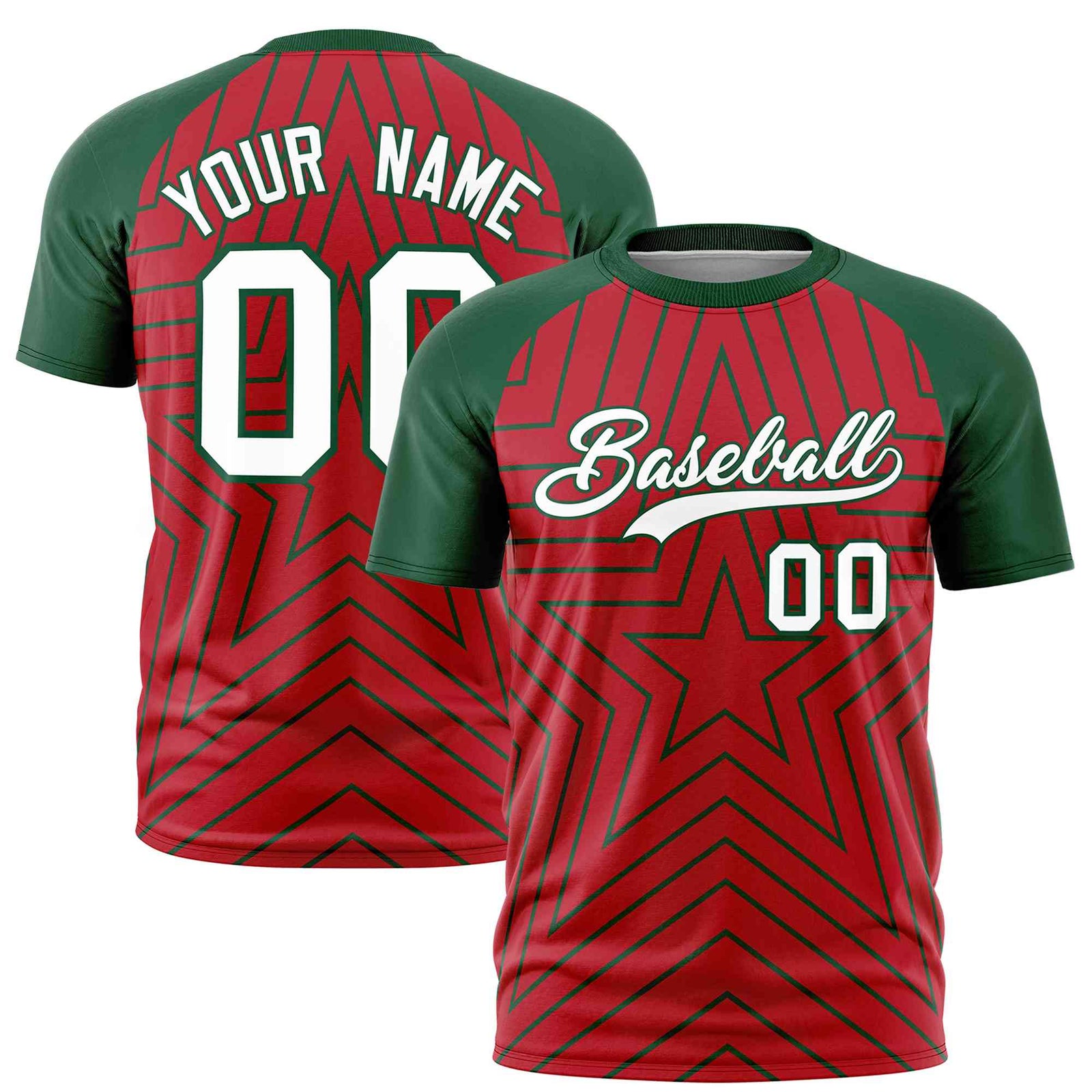 Custom Red Green Personalized Star Pattern Raglan Sleeves Performance T-Shirt