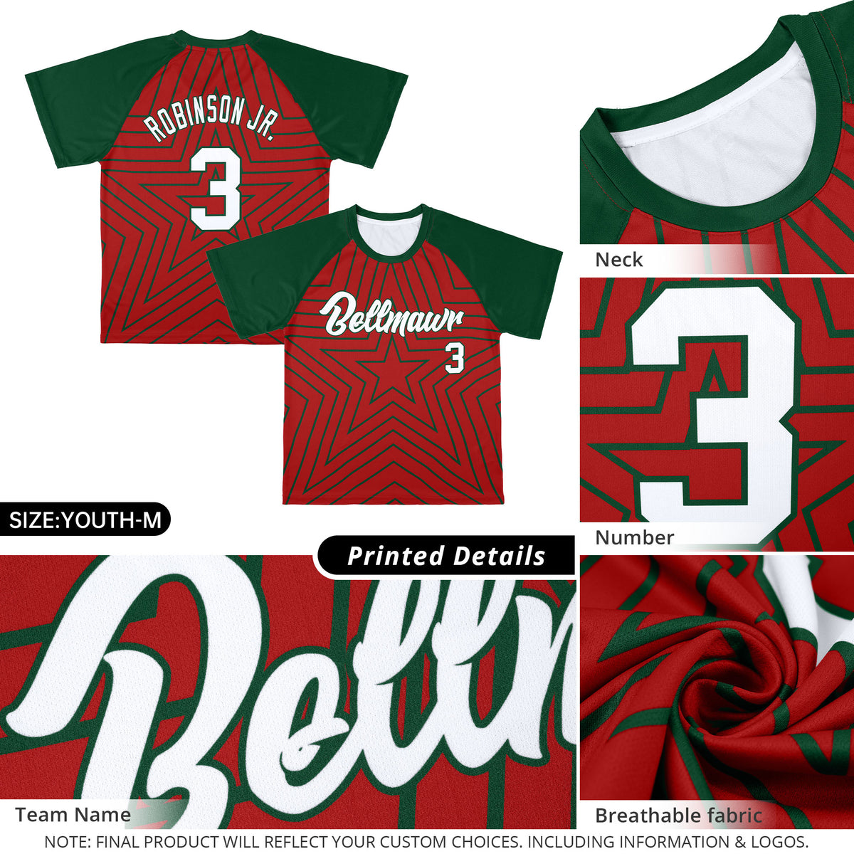 Custom Red Green Personalized Star Pattern Raglan Sleeves Performance T-Shirt