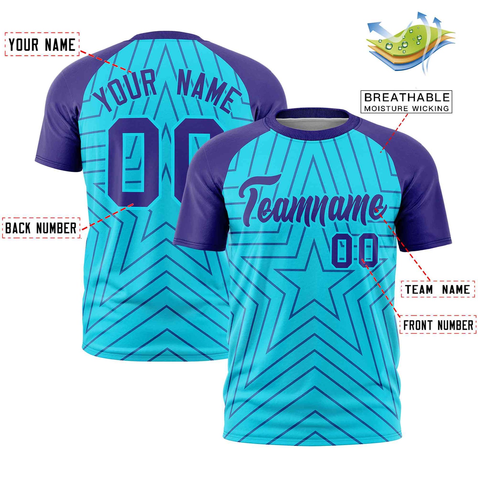 Custom Sky Blue Violet Personalized Star Pattern Raglan Sleeves Performance T-Shirt