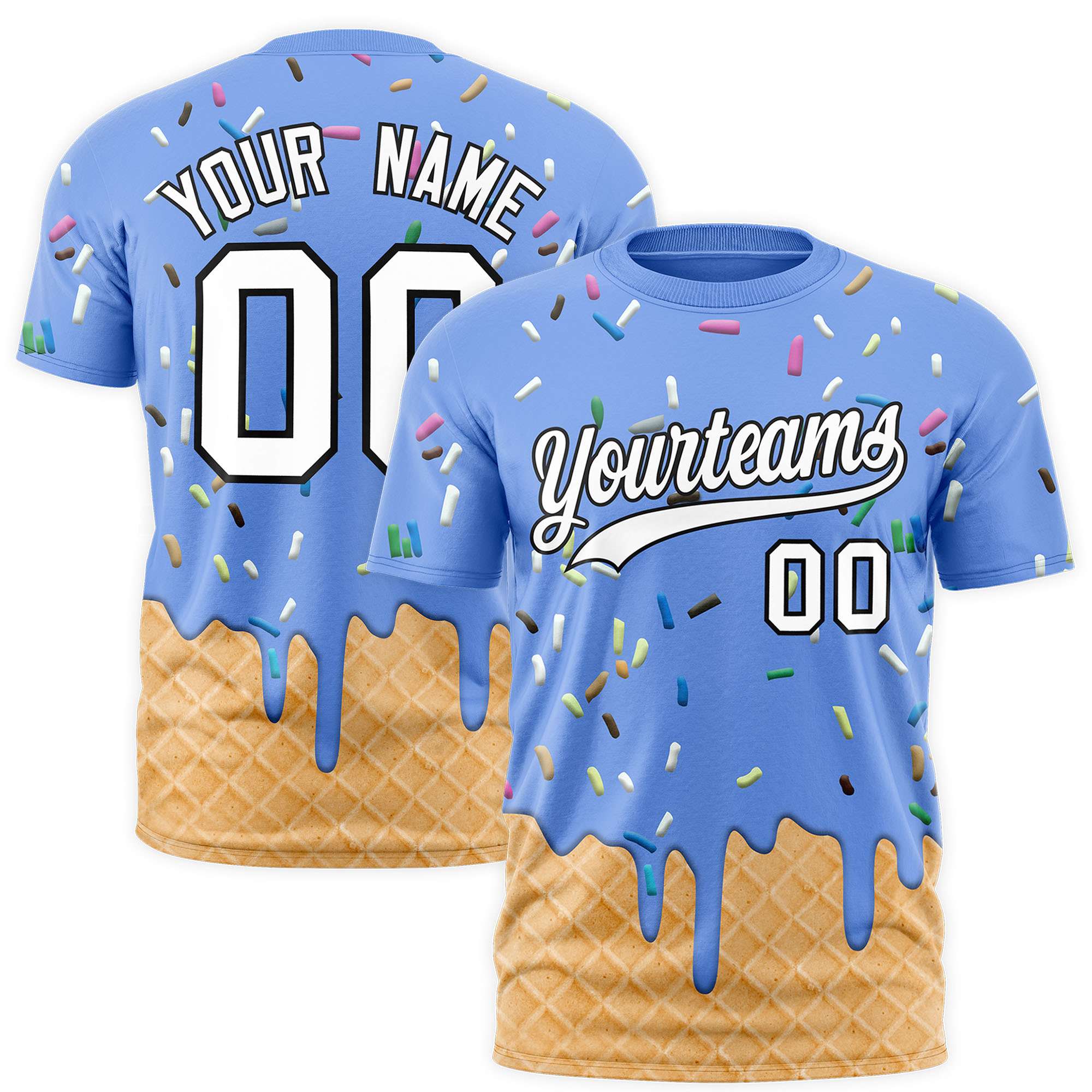 Custom Light Blue Ice Cream Cone Graffiti Pattern Fashion Authentic T-Shirt