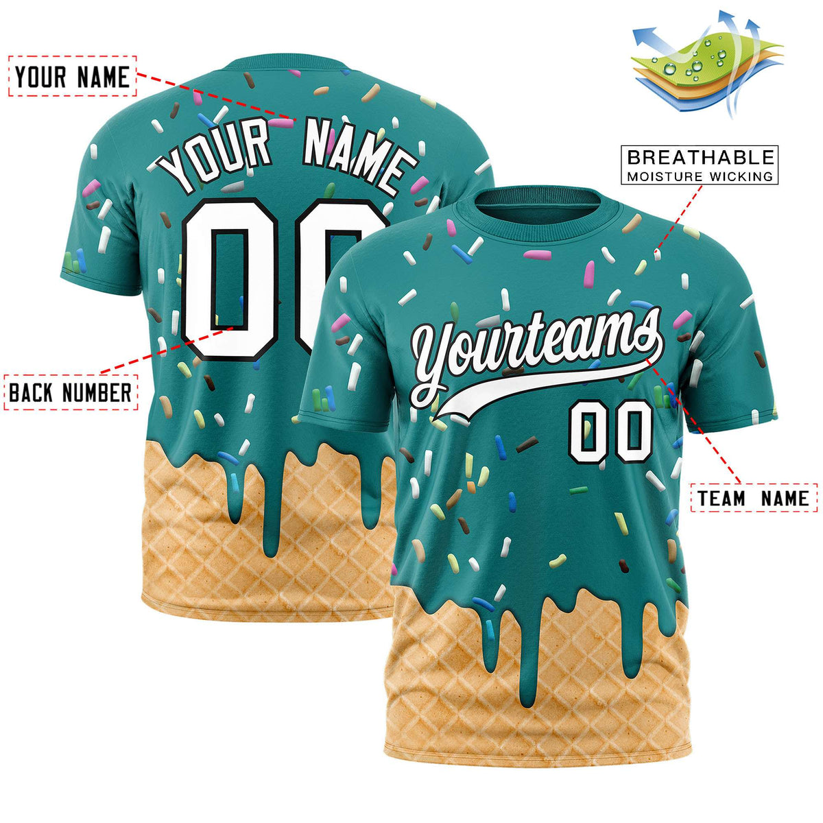 Custom Teal Ice Cream Cone Graffiti Pattern Fashion Authentic T-Shirt