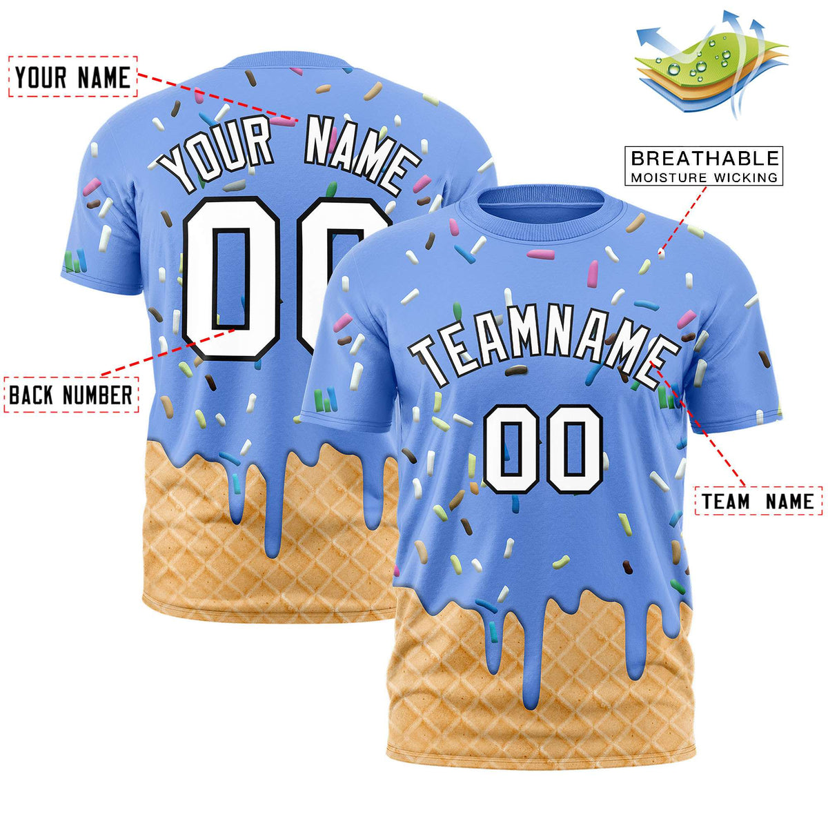 Custom Light Blue Ice Cream Cone Graffiti Pattern Fashion Authentic T-Shirt