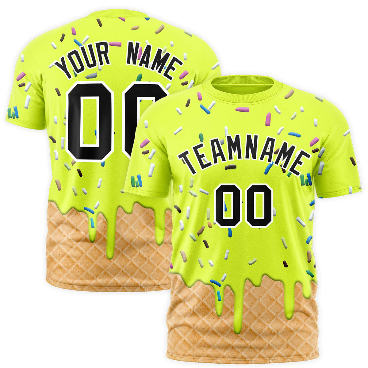 Custom Fluorescent Green Ice Cream Cone Graffiti Pattern Fashion Authentic T-Shirt