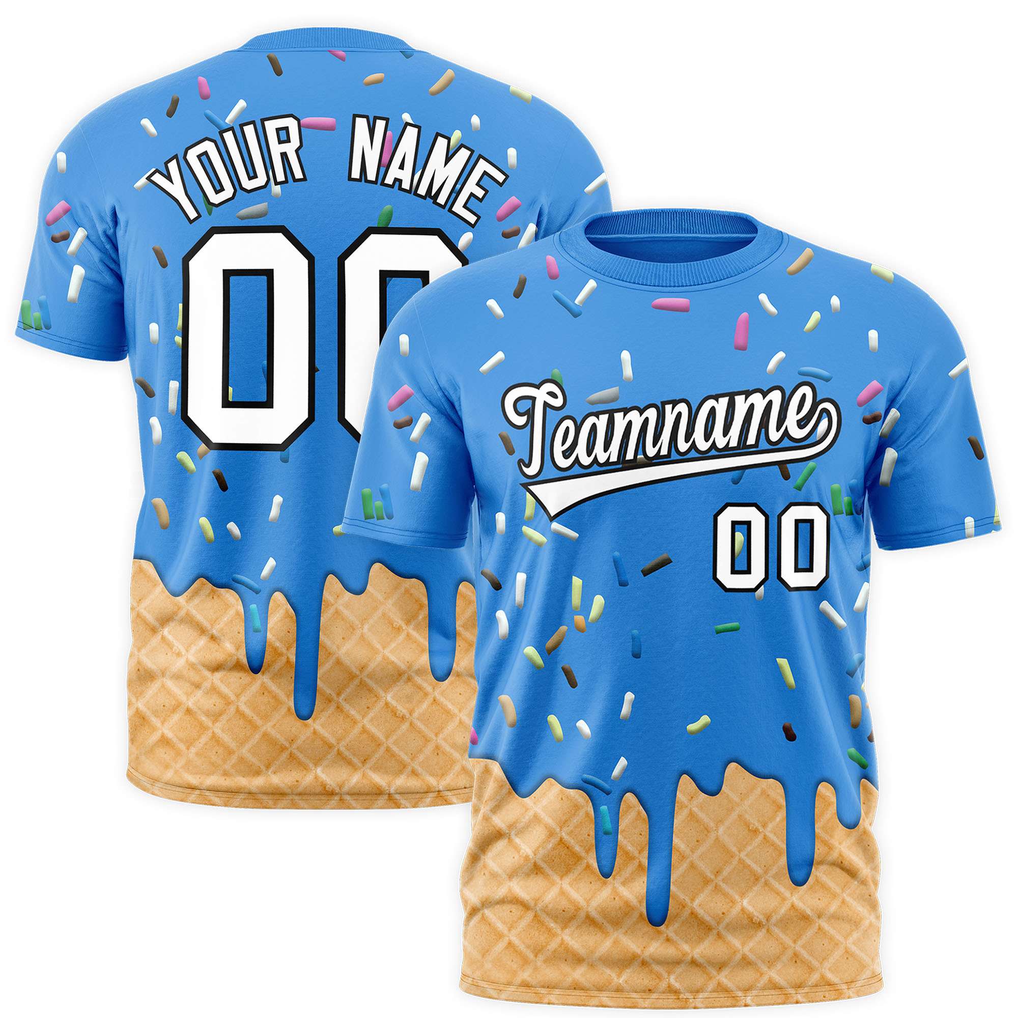 Custom Light Blue Ice Cream Cone Graffiti Pattern Fashion Authentic T-Shirt