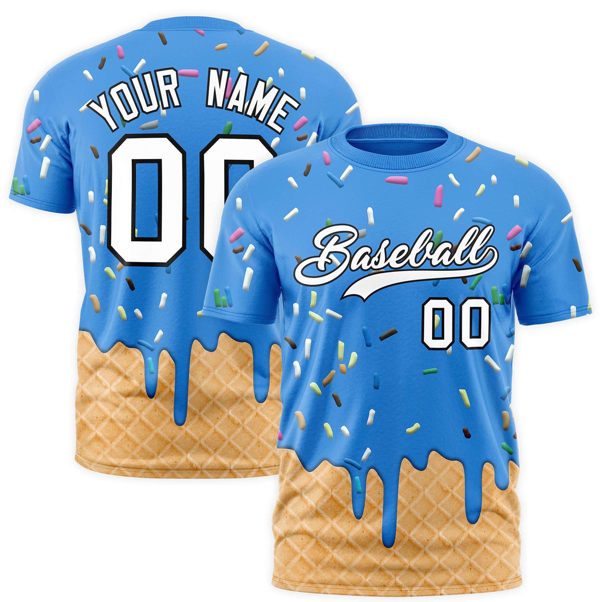Custom Light Blue Ice Cream Cone Graffiti Pattern Fashion Authentic T-Shirt