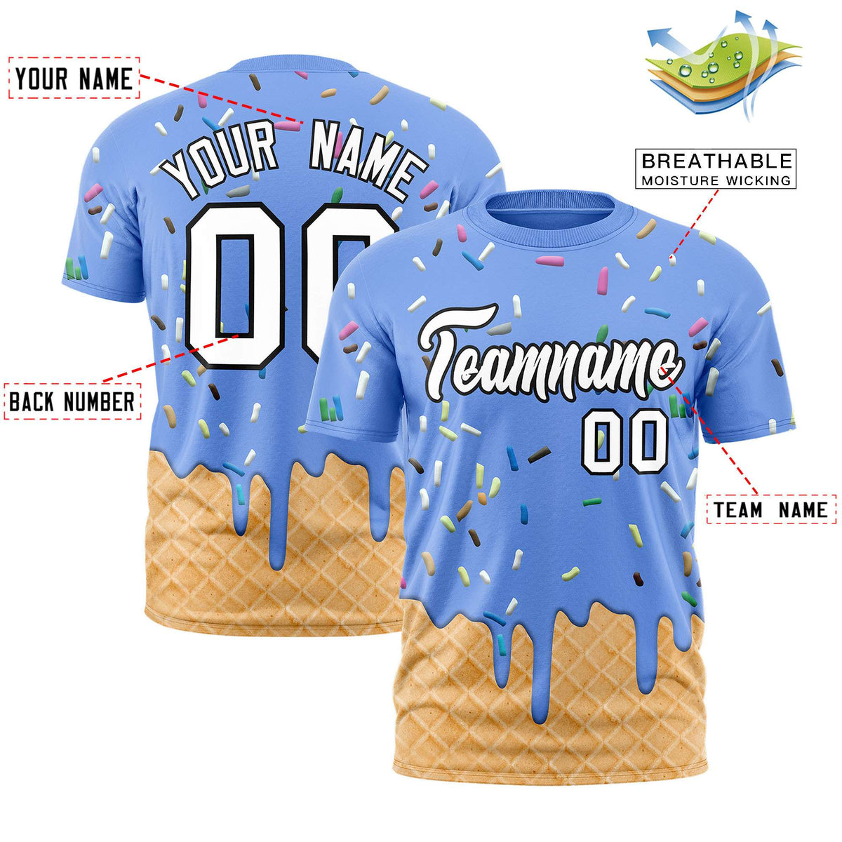 Custom Light Blue Ice Cream Cone Graffiti Pattern Fashion Authentic T-Shirt