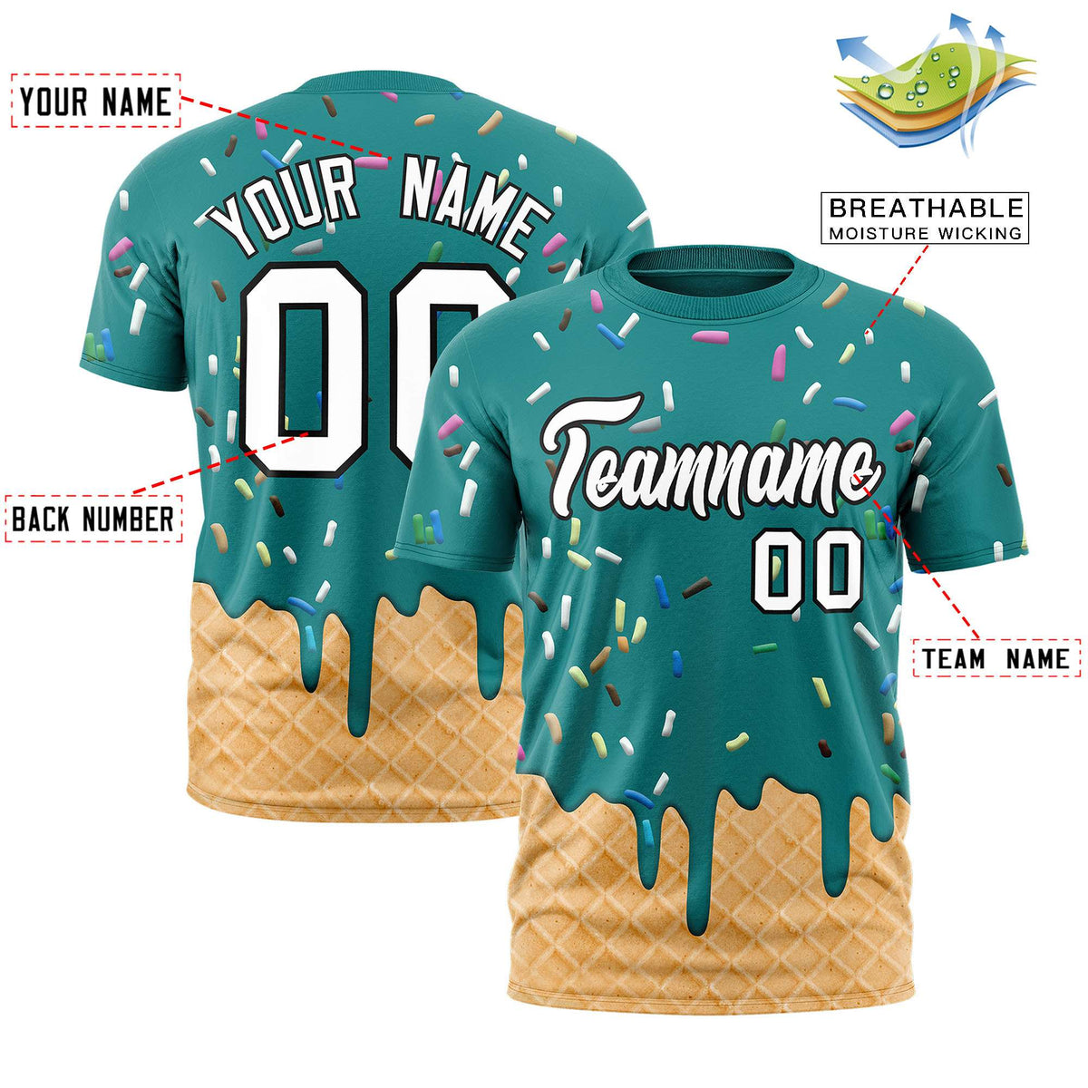 Custom Teal Ice Cream Cone Graffiti Pattern Fashion Authentic T-Shirt