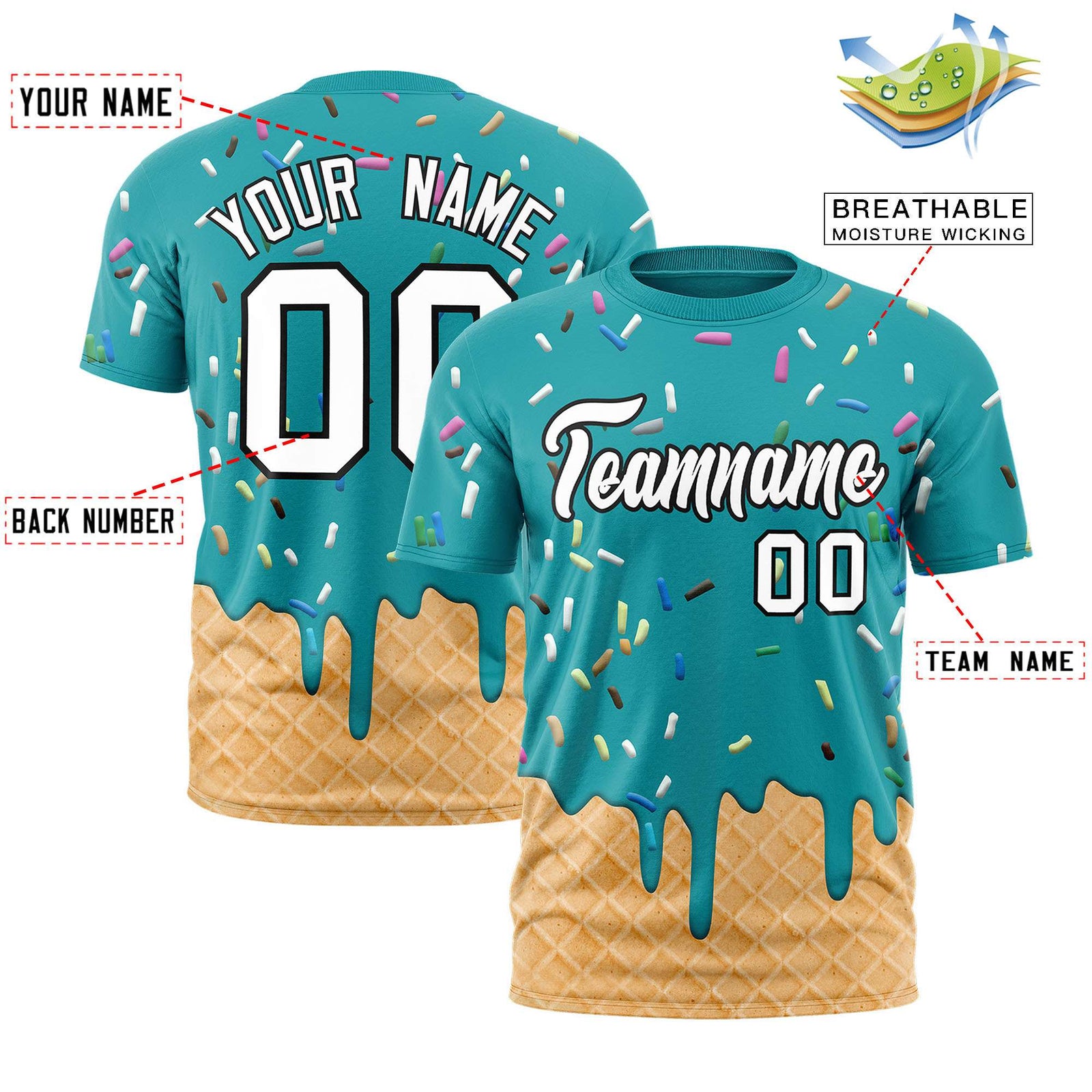 Custom Aqua Ice Cream Cone Graffiti Pattern Fashion Authentic T-Shirt