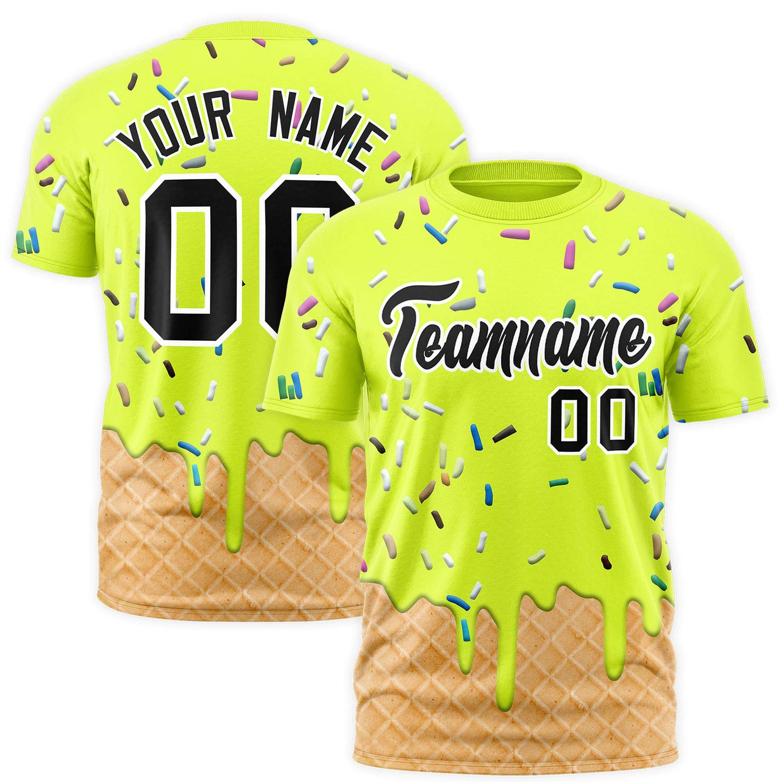Custom Fluorescent Green Ice Cream Cone Graffiti Pattern Fashion Authentic T-Shirt