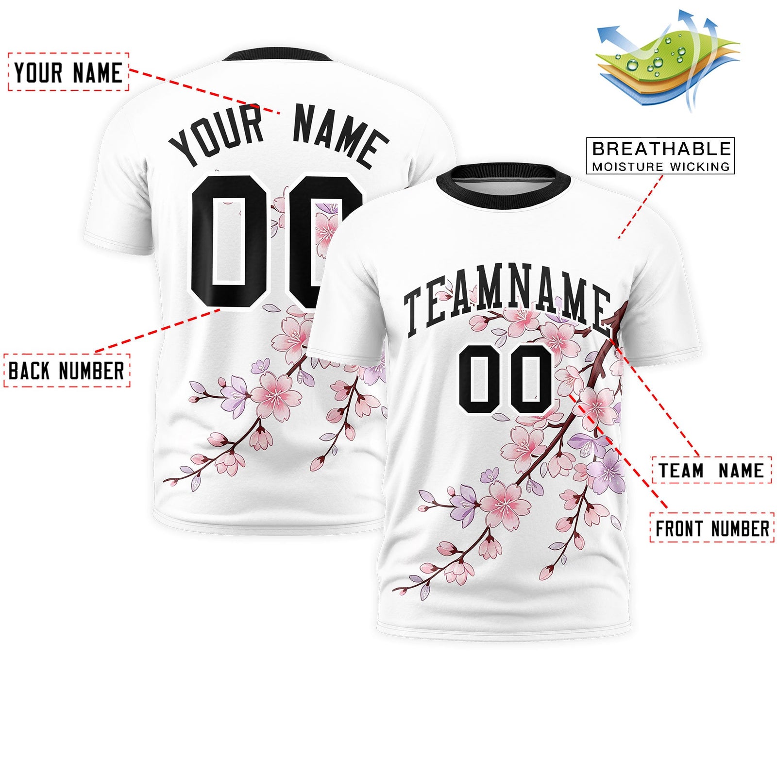 Custom White Black Cherry Blossoms Personalization Moisture-Wicking T-shirt| KXKSHOP
