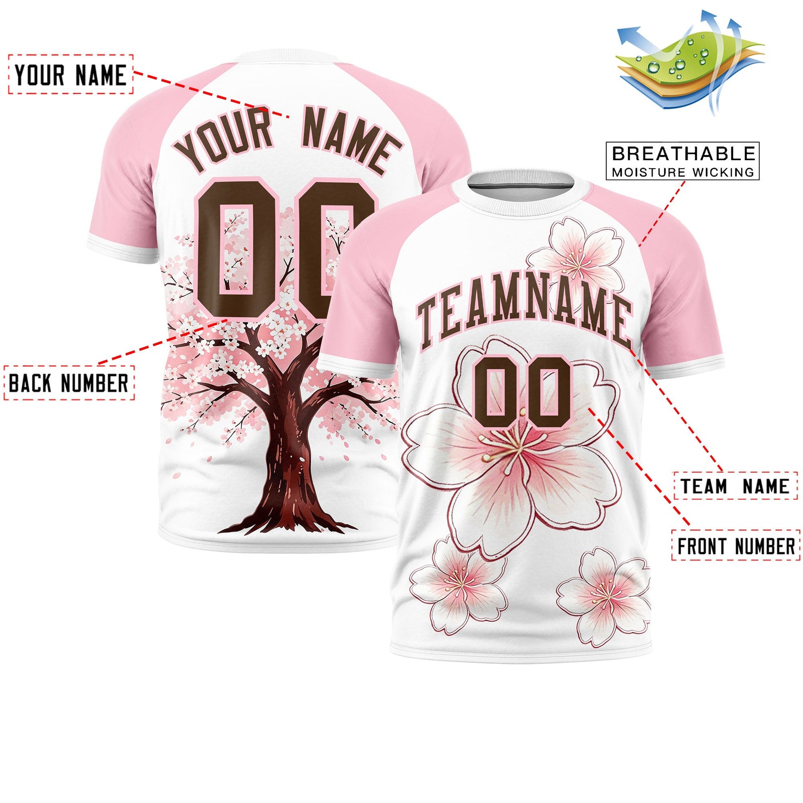 Custom White Light Pink Light Brown Cherry Blossoms Personalization Stretch Fabric T-shirt| KXKSHOP