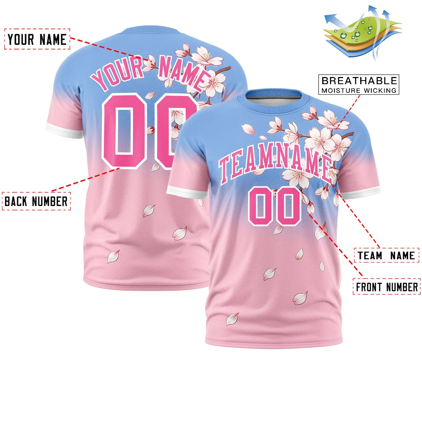 Custom Light Blue Light Pink Pink Cherry Blossoms Personalization Moisture-Wicking T-shirt| KXKSHOP