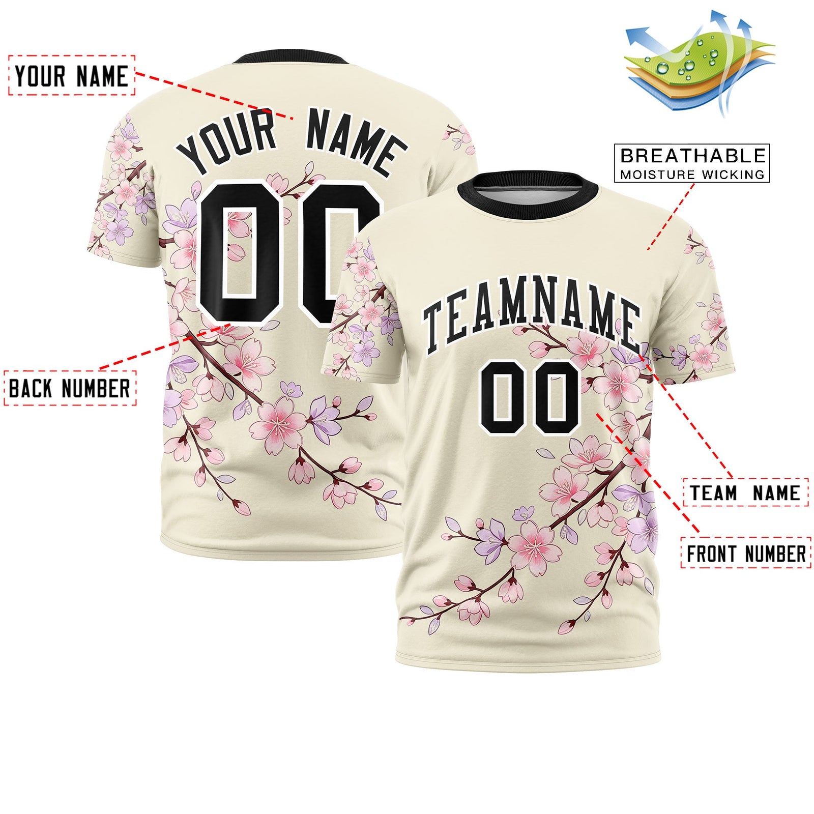 Custom Light Khaki Light Pink Black Cherry Blossoms Personalization Stretch Fabric T-shirt| KXKSHOP