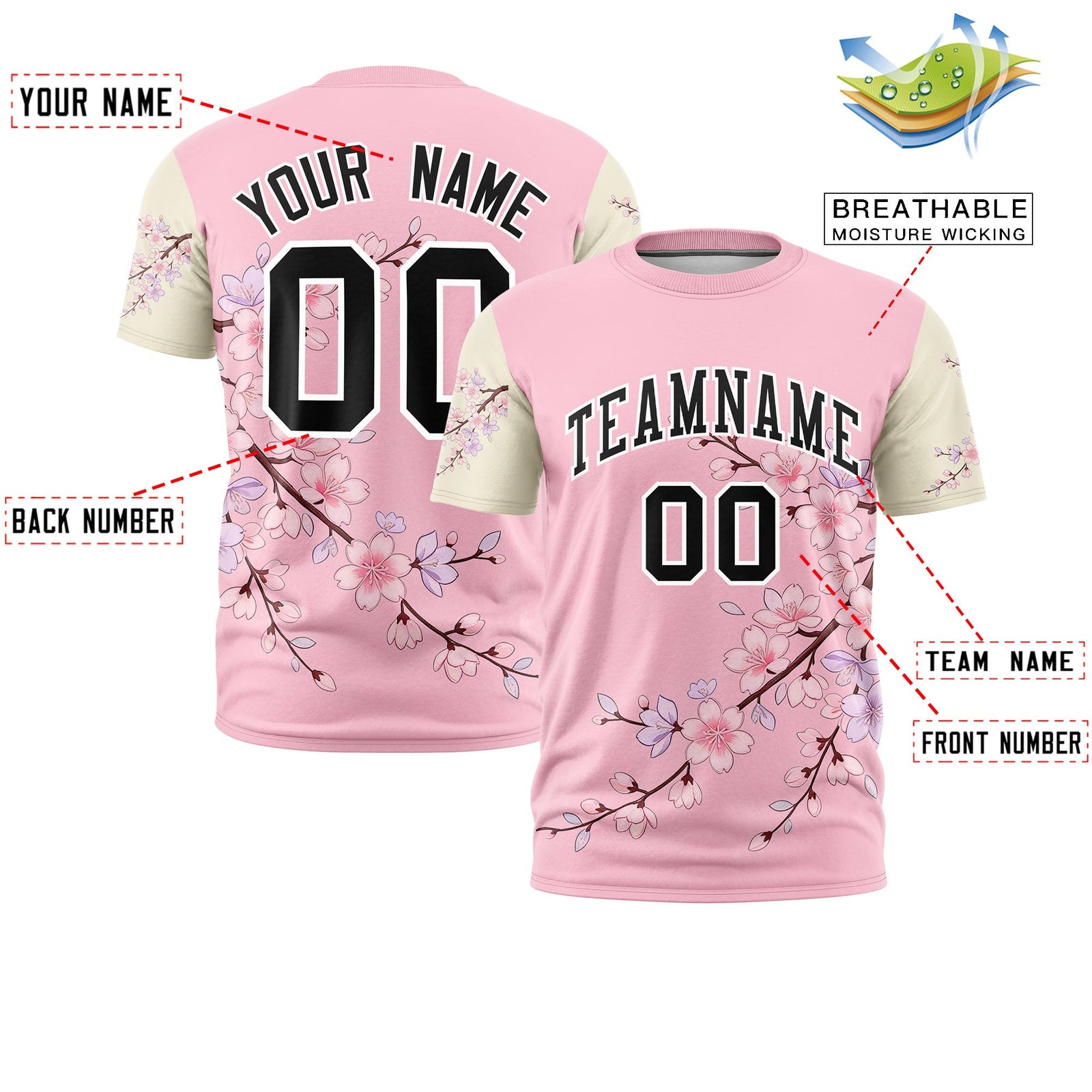 Custom Light Pink Light Khaki Black Cherry Blossoms Personalization Stretch Fabric T-shirt| KXKSHOP