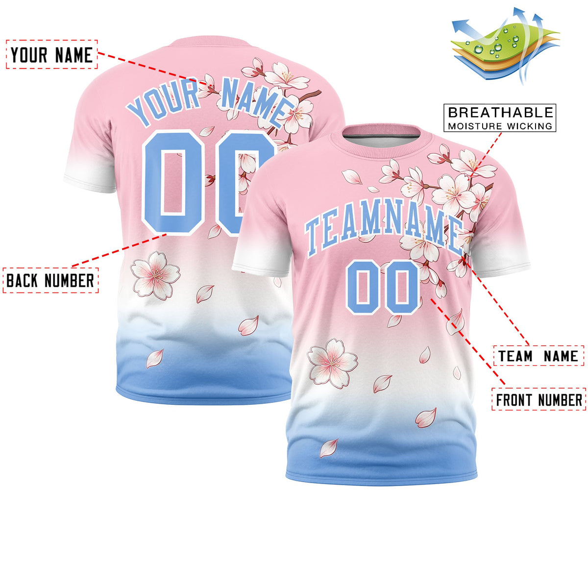 Custom Light Pink White Light Blue Cherry Blossoms Personalization Moisture-Wicking T-shirt| KXKSHOP
