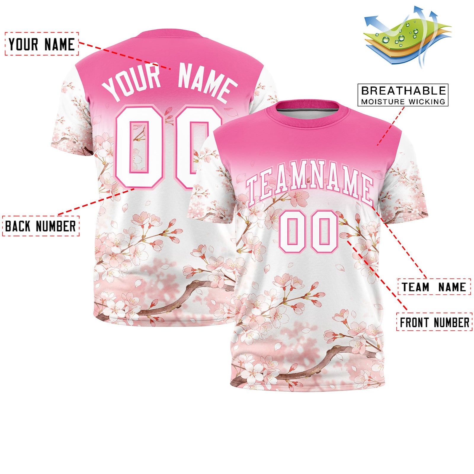 Custom Pink White Light Pink Cherry Blossoms Personalization Stretch Fabric T-shirt| KXKSHOP
