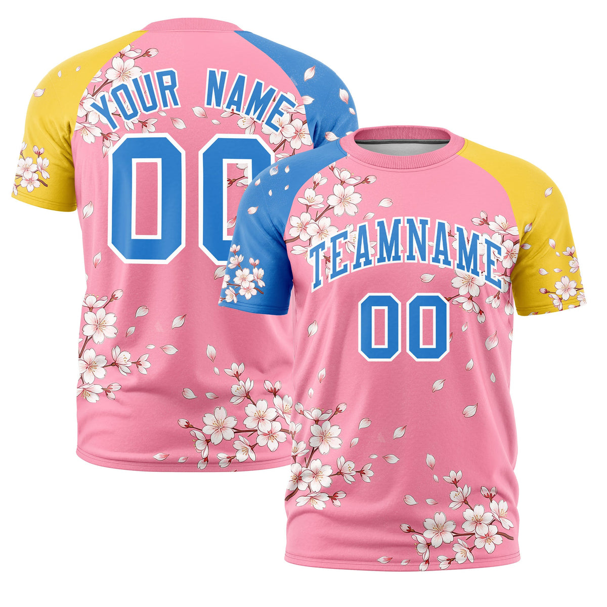 Custom Light Pink Light Blue Gold Cherry Blossoms Personalization Stretch Fabric T-shirt| KXKSHOP