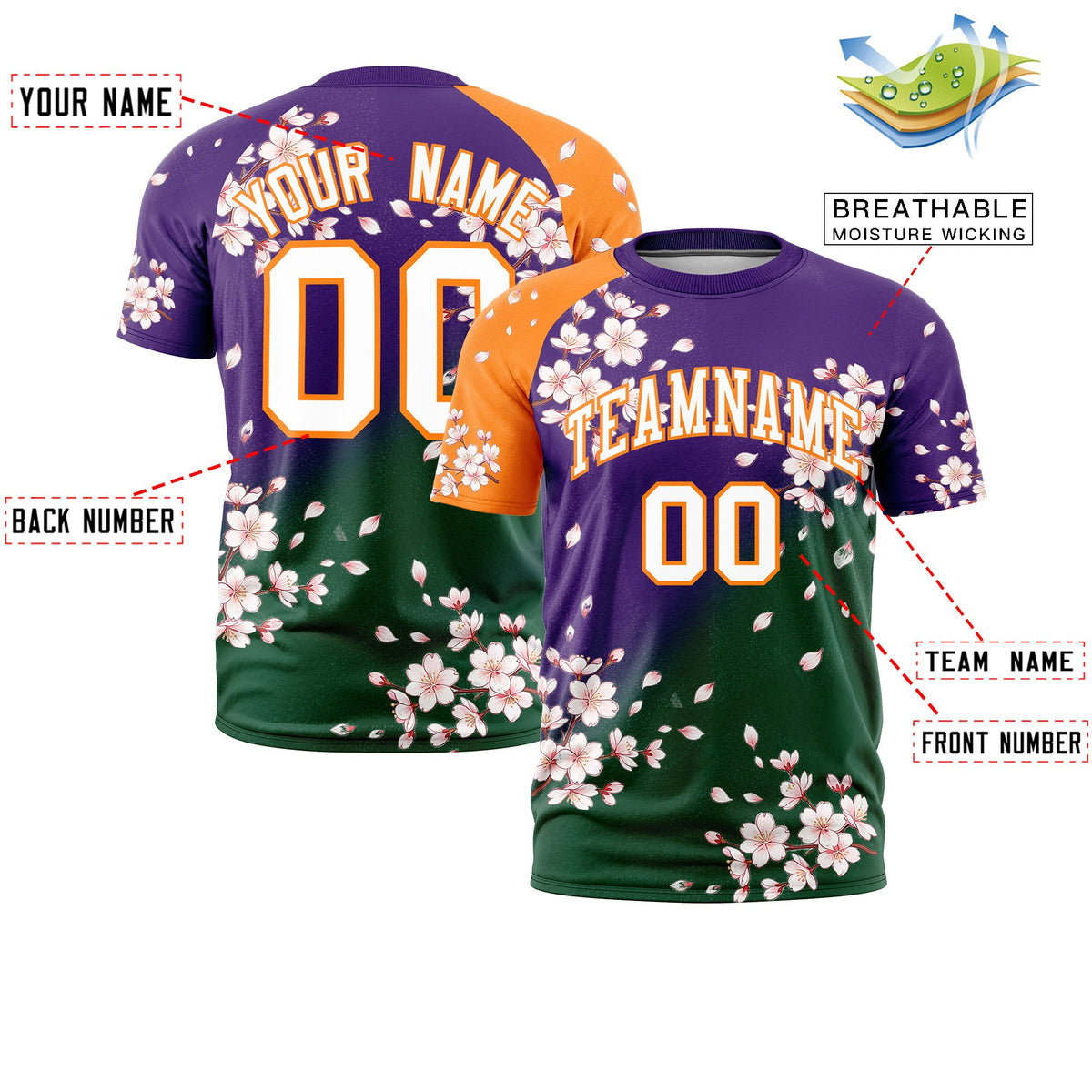 Custom Purple Dark Green Orange Cherry Blossoms Personalization Moisture-Wicking T-shirt| KXKSHOP