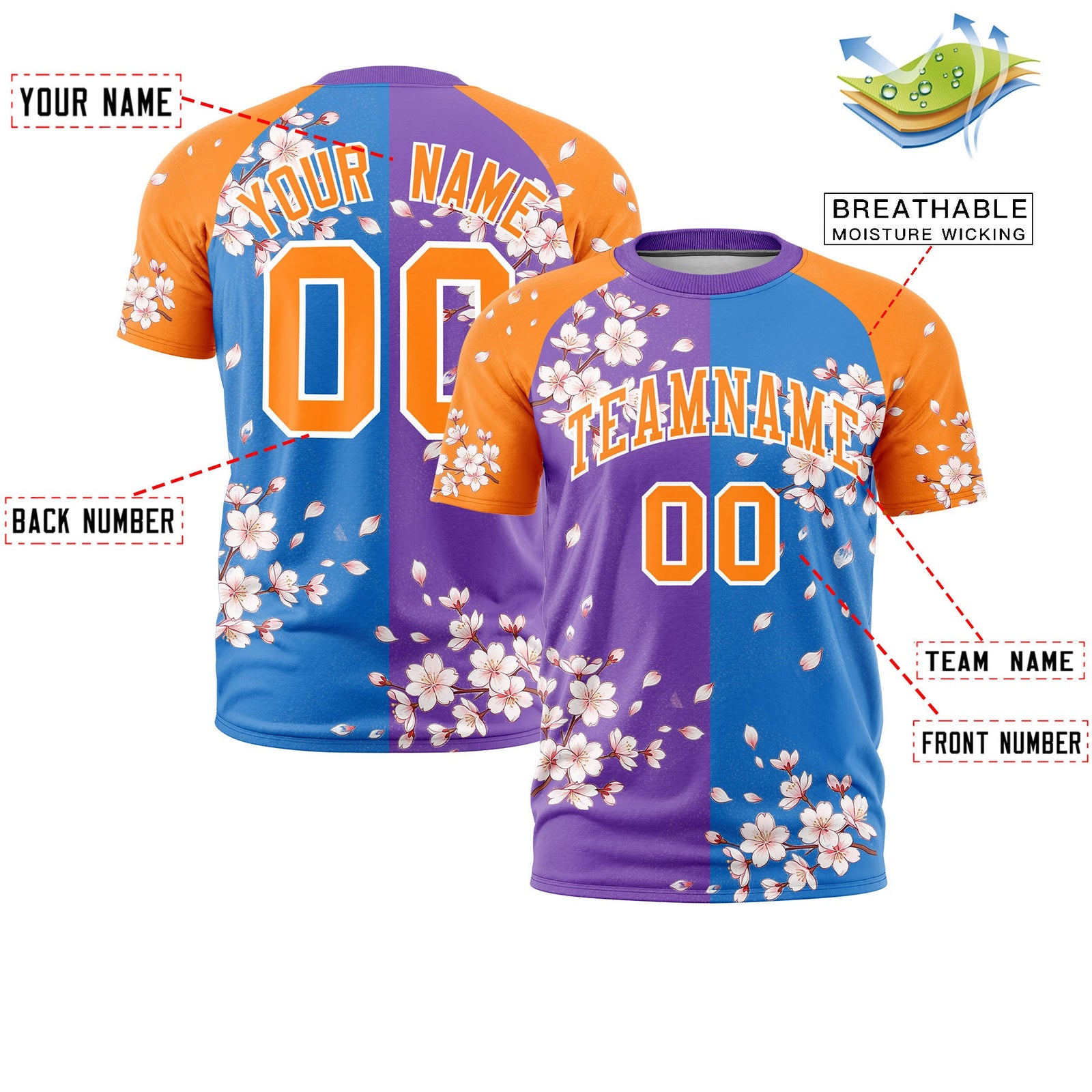 Custom Light Blue Orange White Cherry Blossoms Personalization Stretch Fabric T-shirt| KXKSHOP