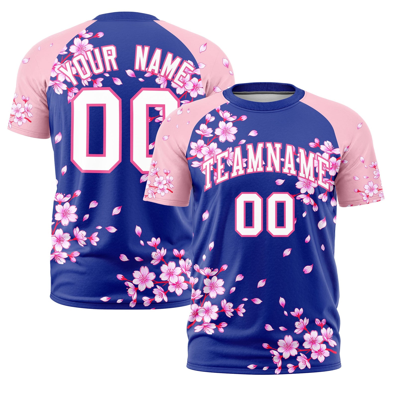 Custom Royal Blue Light Pink White Cherry Blossoms Personalization Moisture-Wicking T-shirt| KXKSHOP