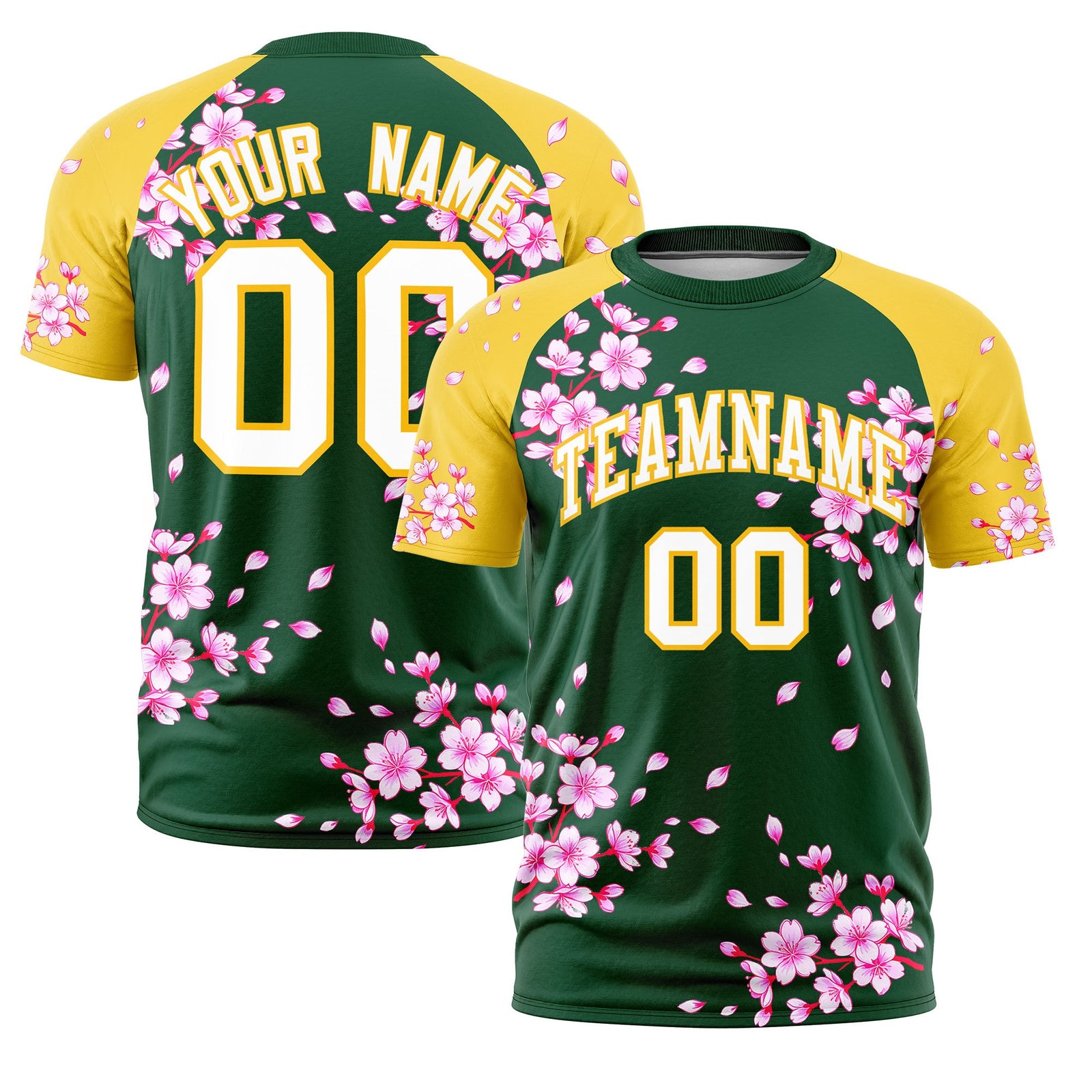 Custom Dark Green Gold White Cherry Blossoms Personalization Stretch Fabric T-shirt| KXKSHOP