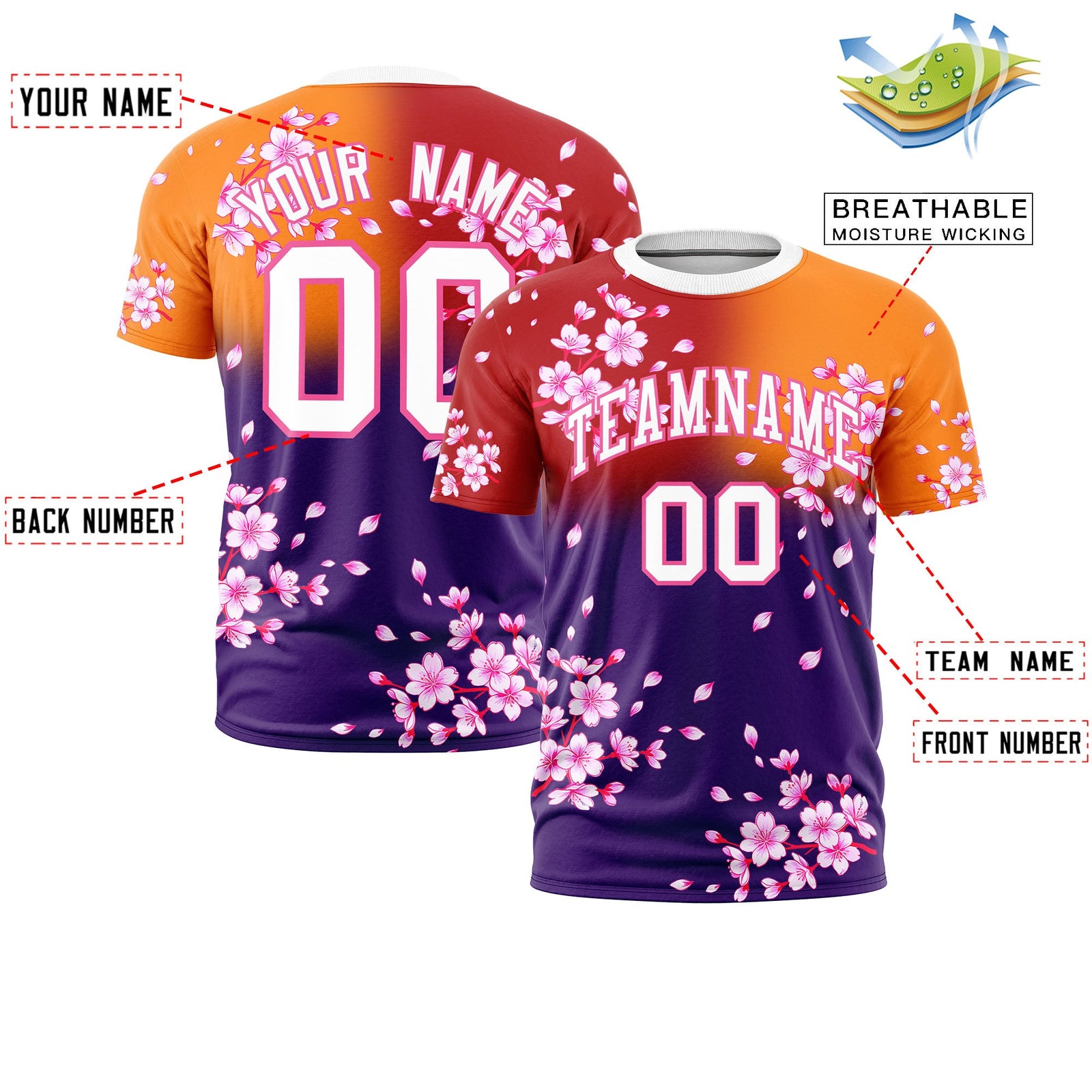Custom Red Orange Purple Cherry Blossoms Personalization Moisture-Wicking T-shirt| KXKSHOP