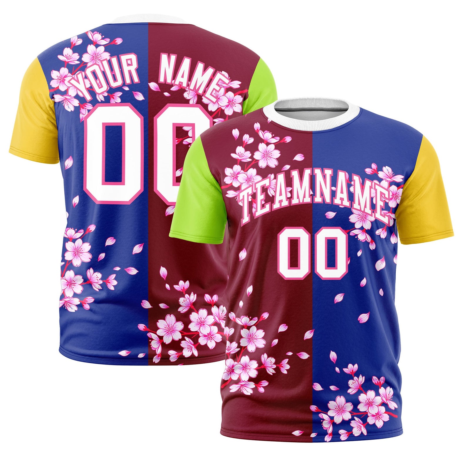 Custom Crimson Royal Blue Neon Green Cherry Blossoms Personalization Stretch Fabric T-shirt| KXKSHOP