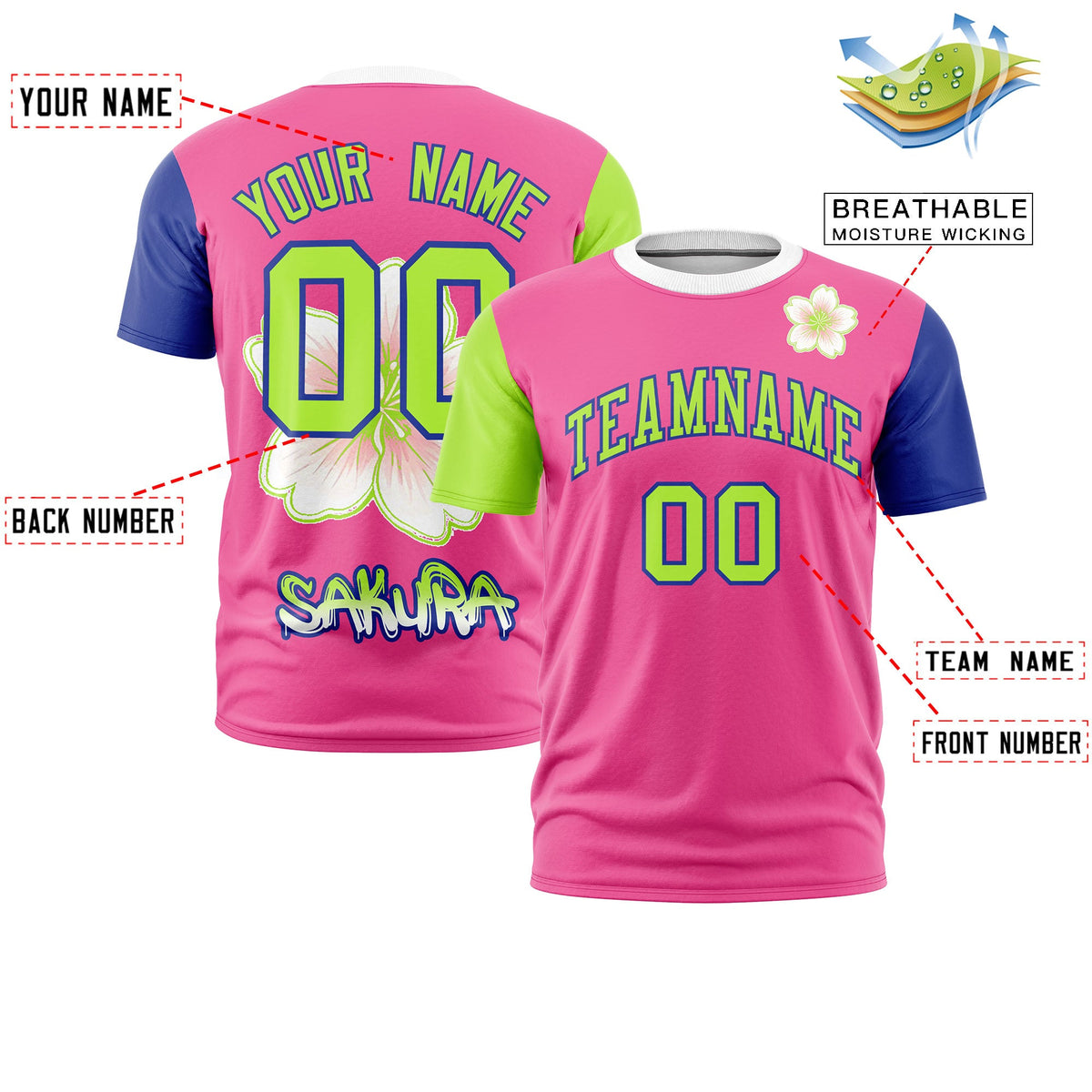 Custom Pink Neon Green Royal Blue Cherry Blossoms Personalization Moisture-Wicking T-shirt| KXKSHOP