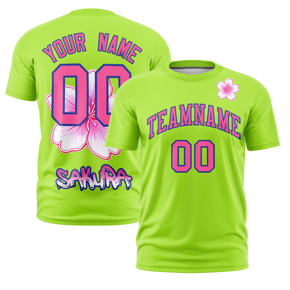 Custom Neon Green Pink Royal Blue Cherry Blossoms Personalization Stretch Fabric T-shirt| KXKSHOP
