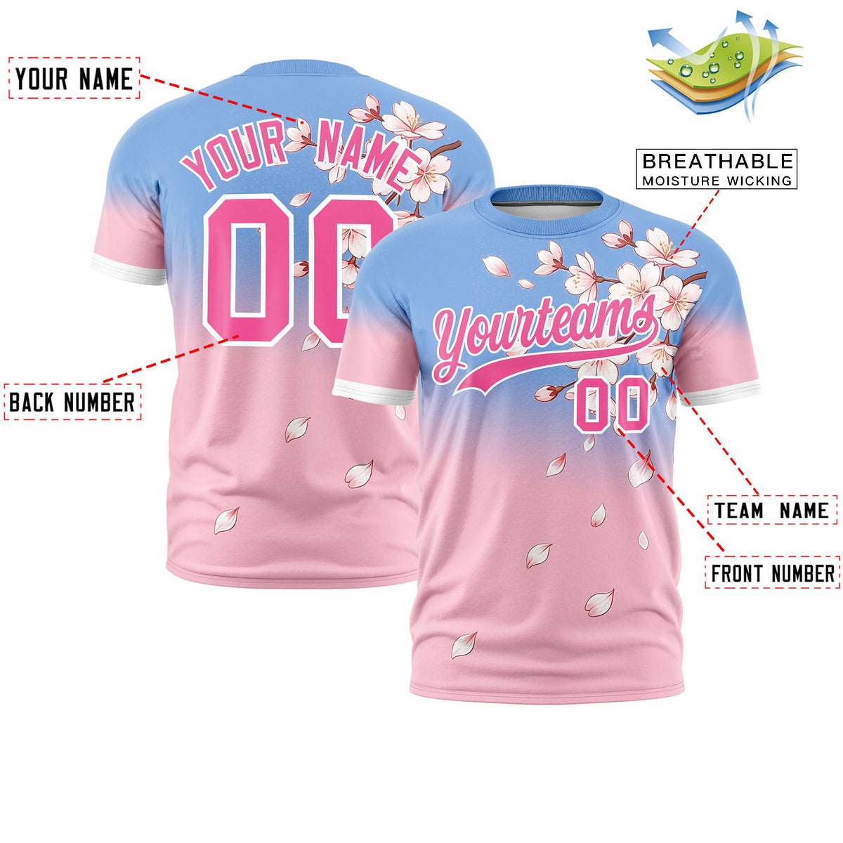 Custom Light Blue Light Pink Pink Cherry Blossoms Personalization Moisture-Wicking T-shirt| KXKSHOP