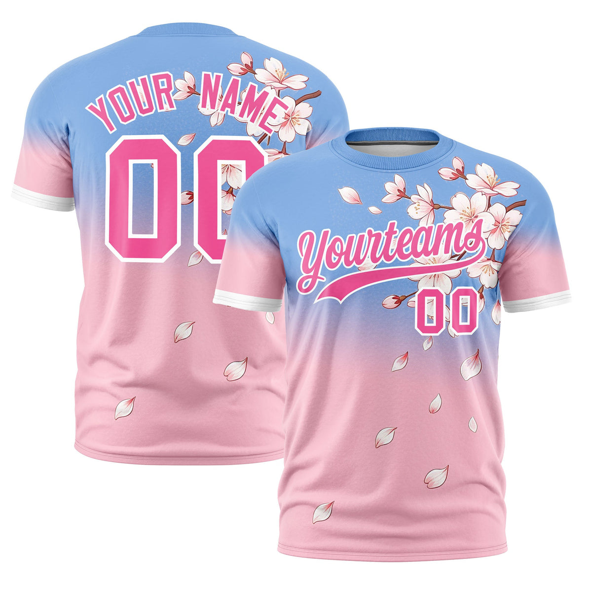 Custom Light Blue Light Pink Pink Cherry Blossoms Personalization Moisture-Wicking T-shirt| KXKSHOP