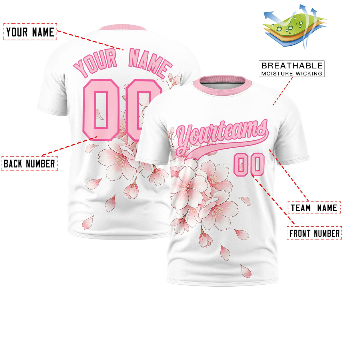 Custom White Light Pink Pink Cherry Blossoms Personalization Moisture-Wicking T-shirt| KXKSHOP