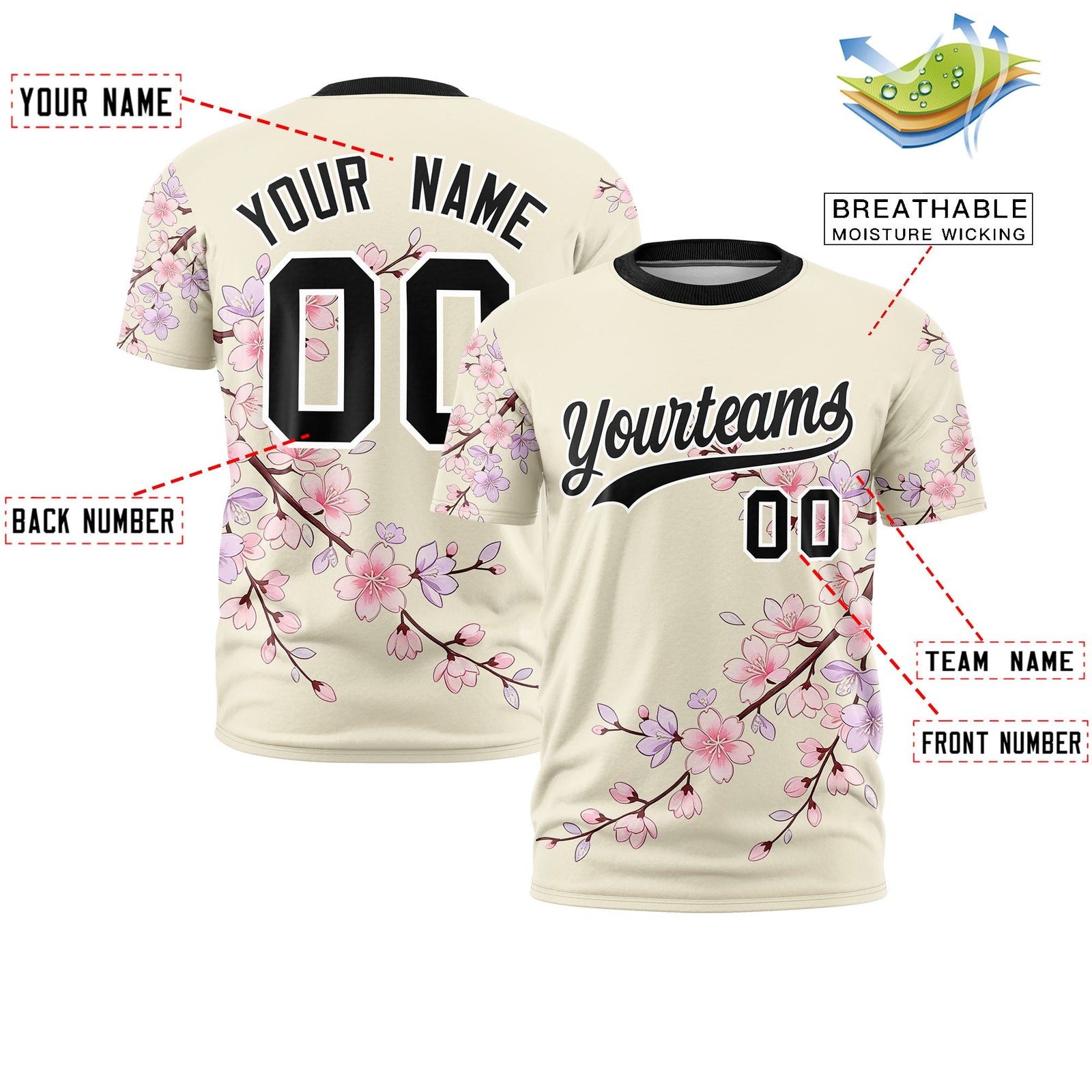 Custom Light Khaki Light Pink Black Cherry Blossoms Personalization Stretch Fabric T-shirt| KXKSHOP