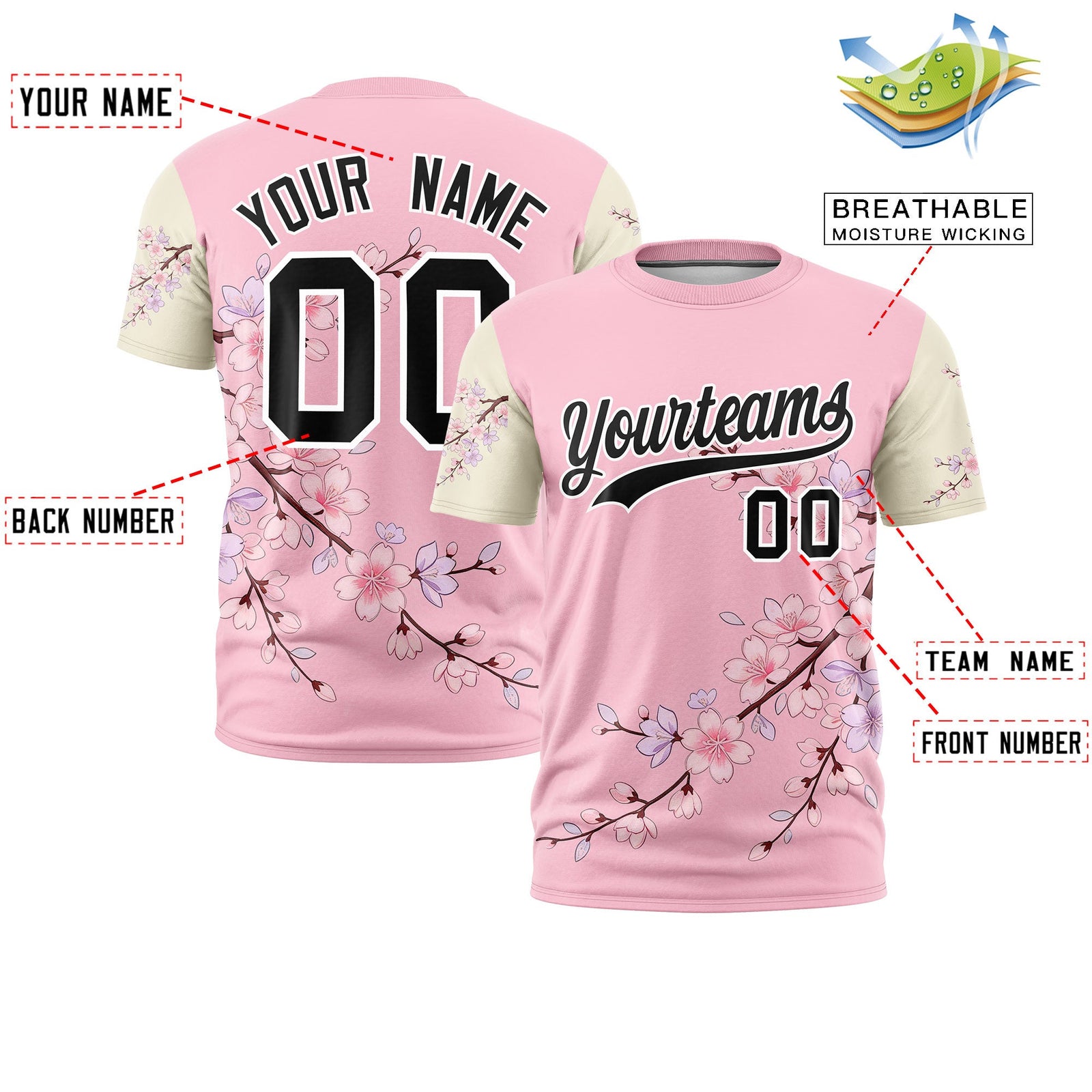 Custom Light Pink Light Khaki Black Cherry Blossoms Personalization Stretch Fabric T-shirt| KXKSHOP