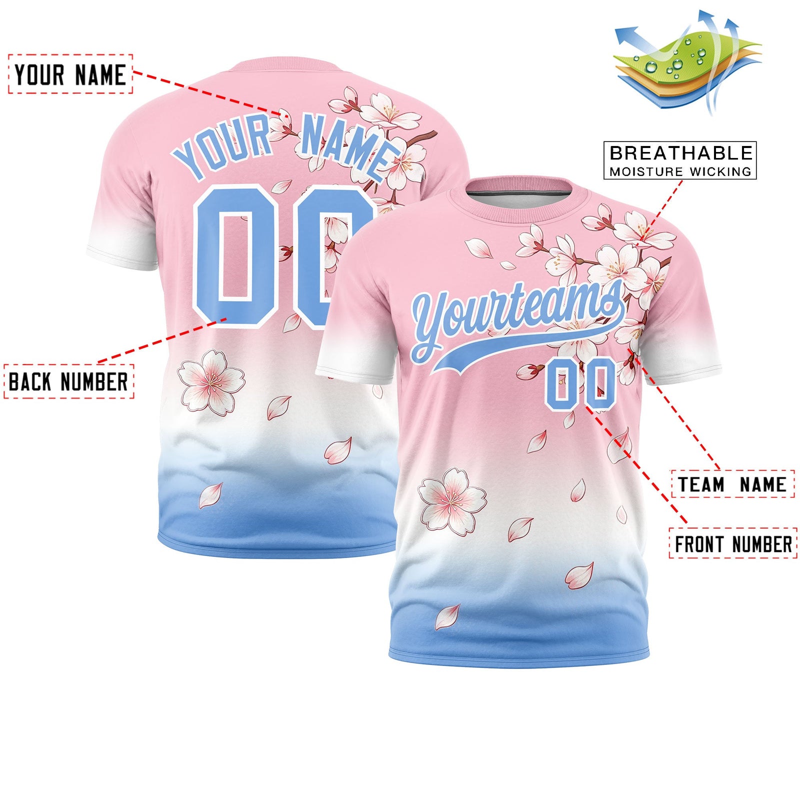 Custom Light Pink White Light Blue Cherry Blossoms Personalization Moisture-Wicking T-shirt| KXKSHOP