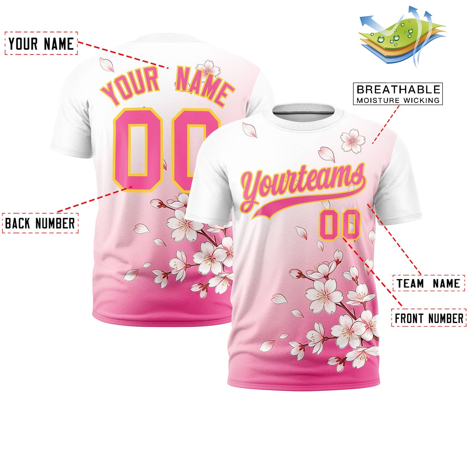 Custom White Pink Gold Cherry Blossoms Personalization Stretch Fabric T-shirt| KXKSHOP