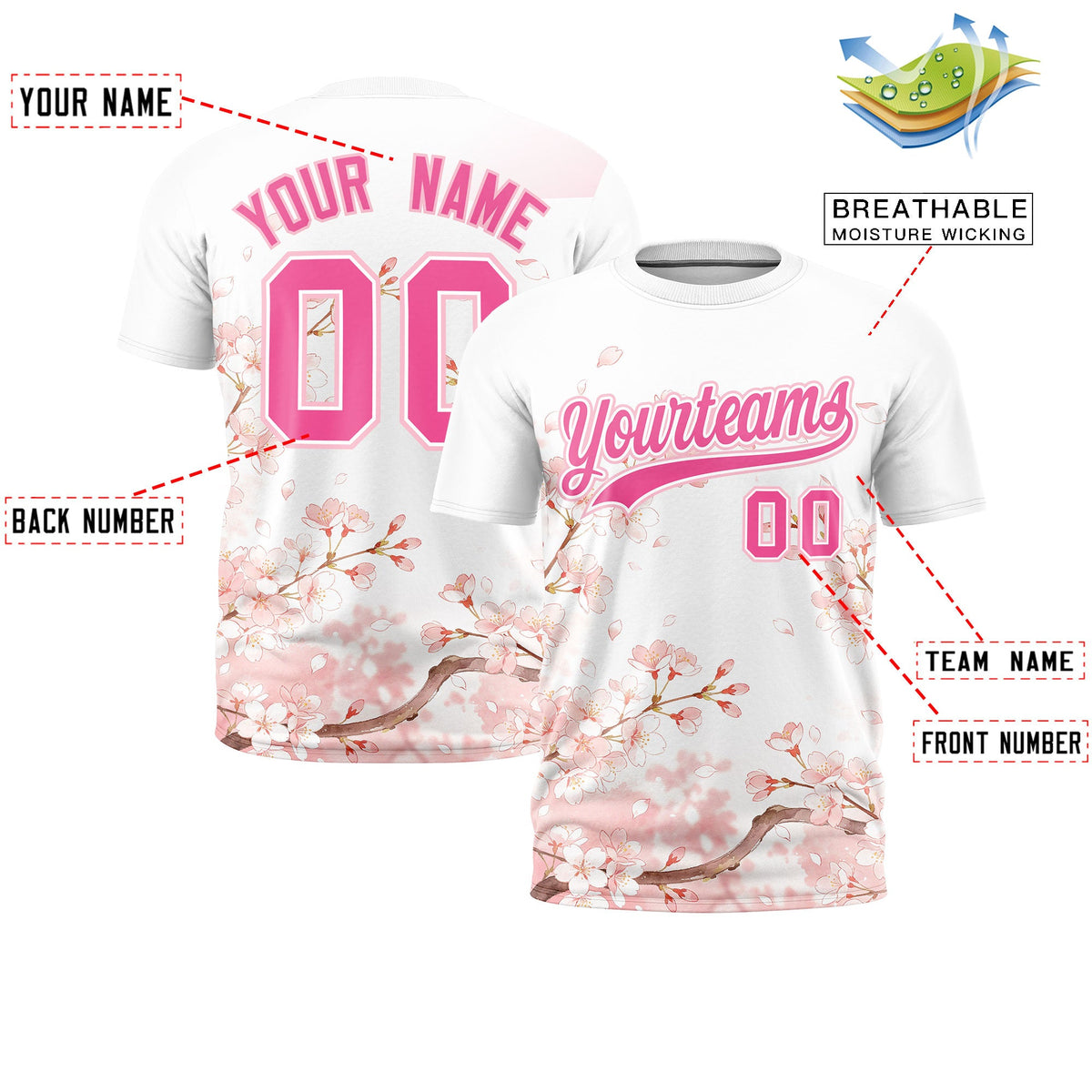 Custom White Pink Light Pink Cherry Blossoms Personalization Moisture-Wicking T-shirt| KXKSHOP