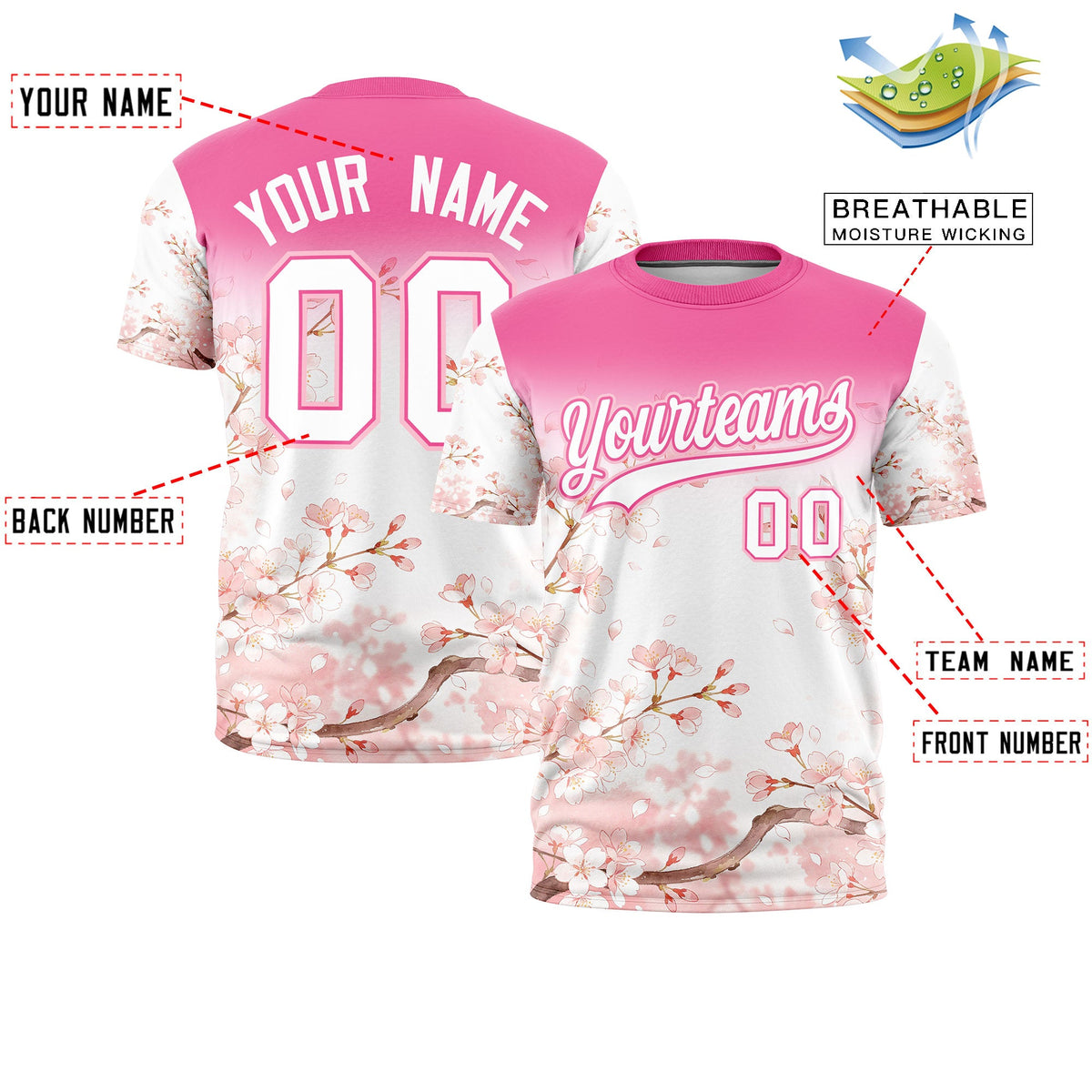 Custom Pink White Light Pink Cherry Blossoms Personalization Stretch Fabric T-shirt| KXKSHOP