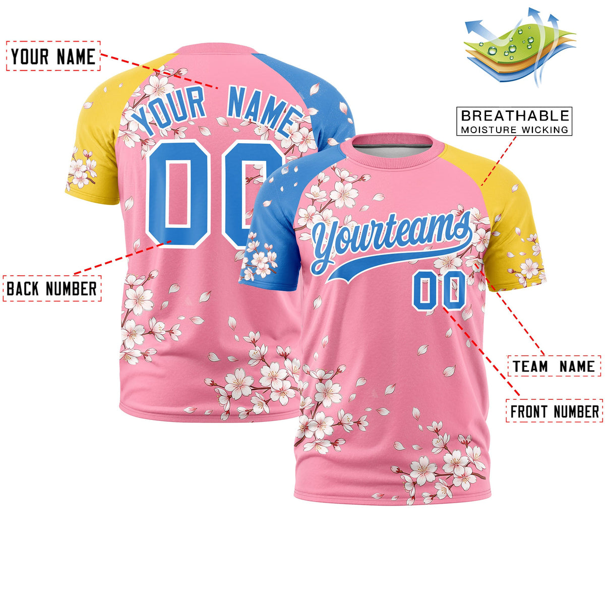 Custom Light Pink Light Blue Gold Cherry Blossoms Personalization Stretch Fabric T-shirt| KXKSHOP