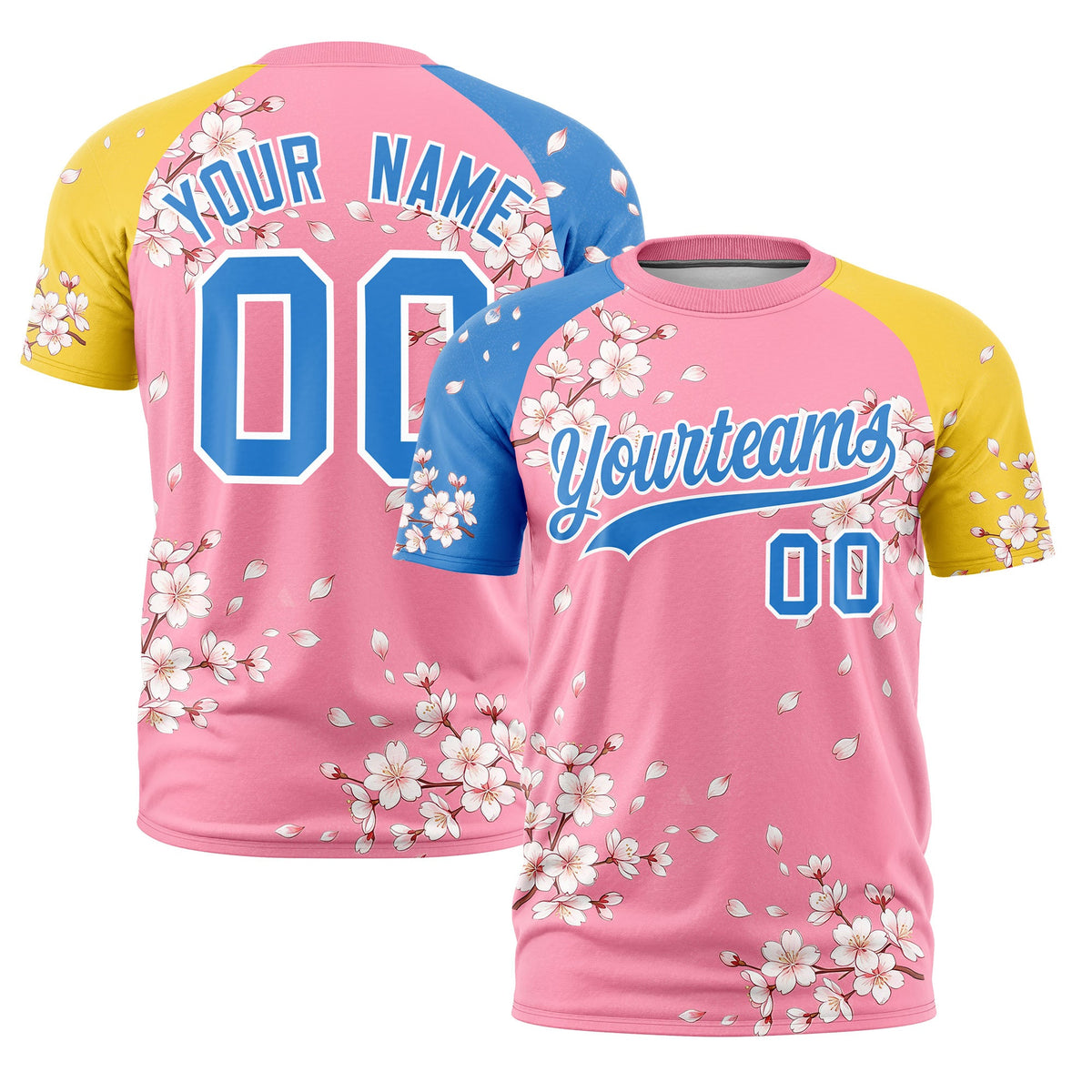 Custom Light Pink Light Blue Gold Cherry Blossoms Personalization Stretch Fabric T-shirt| KXKSHOP