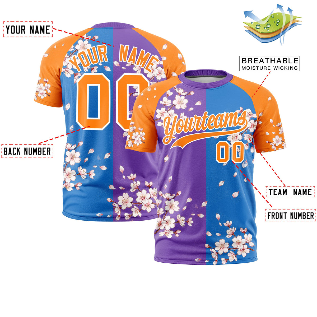 Custom Light Blue Orange White Cherry Blossoms Personalization Stretch Fabric T-shirt| KXKSHOP