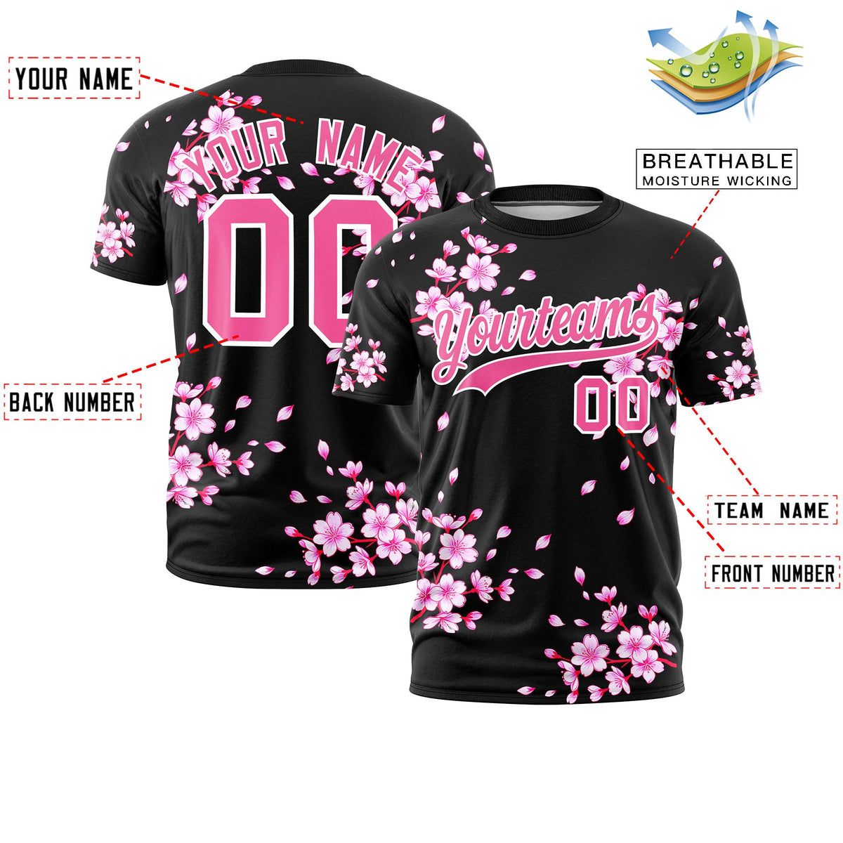 Custom Black Pink White Cherry Blossoms Personalization Moisture-Wicking T-shirt| KXKSHOP